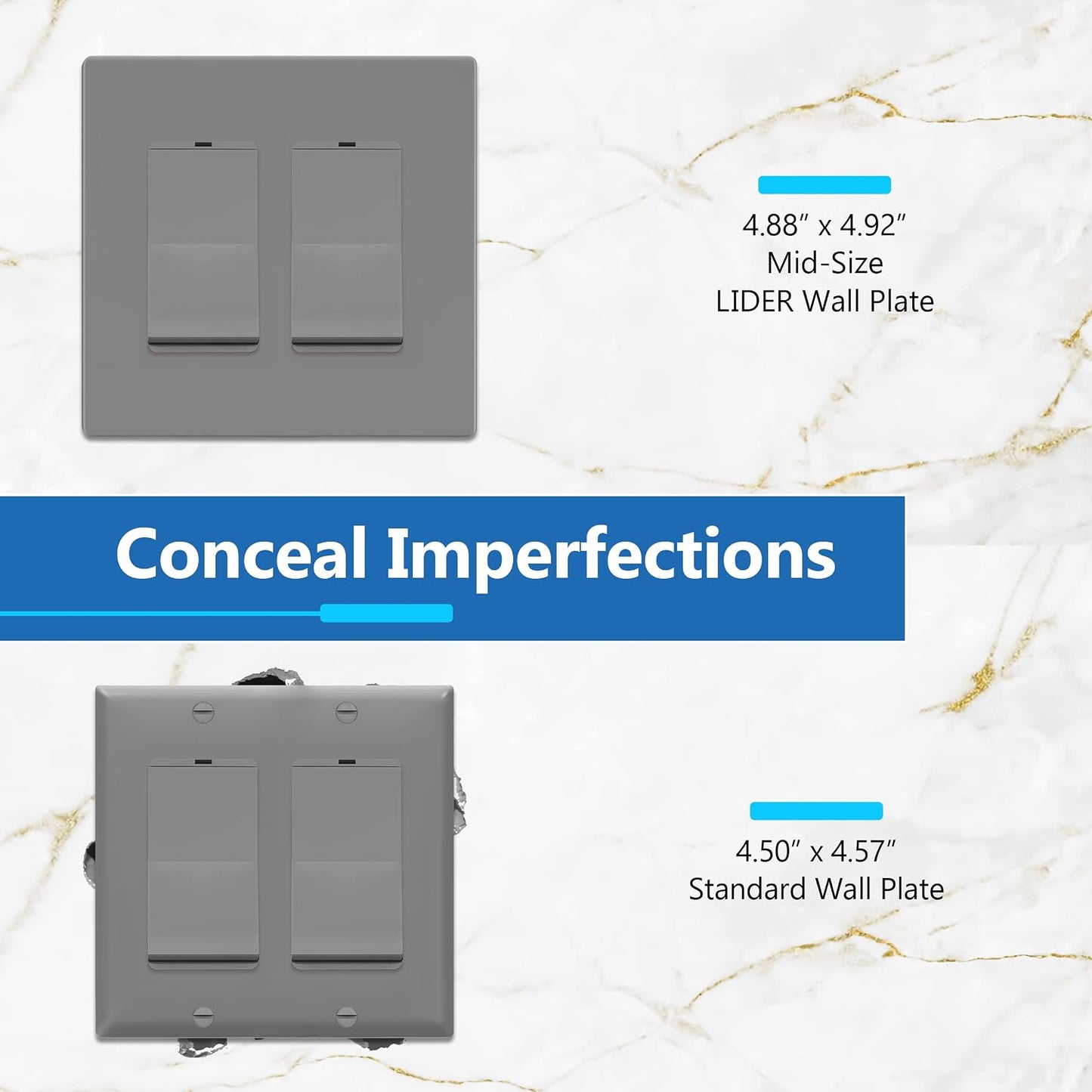 LIDER Double Decorator Switch Cover, Screwless Wall Plate, Mid-Size 2-Gang | 10-Pack, Matte Gray, Polycarbonate