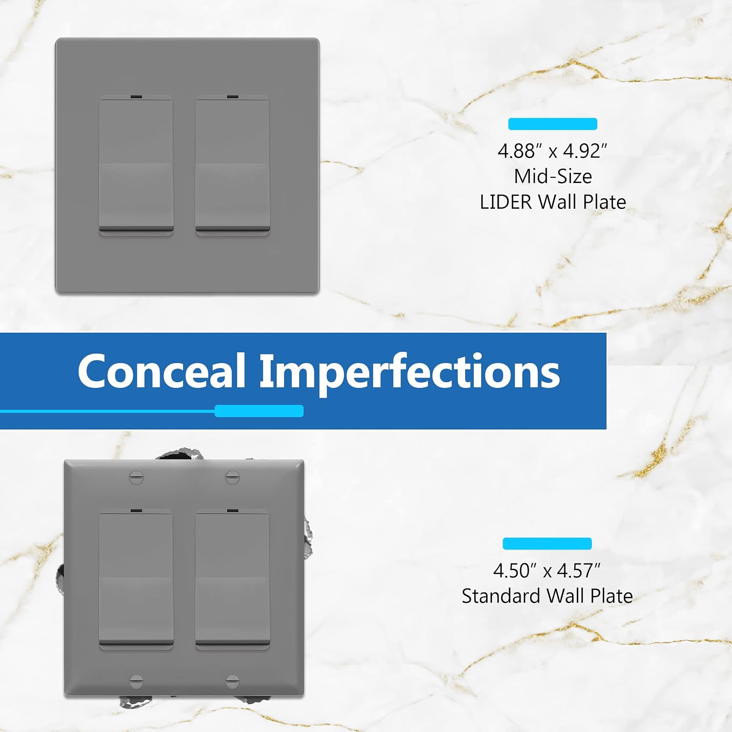 LIDER Double Decorator Switch Cover, Screwless Wall Plate, Mid-Size 2-Gang | 10-Pack, Matte Gray, Polycarbonate