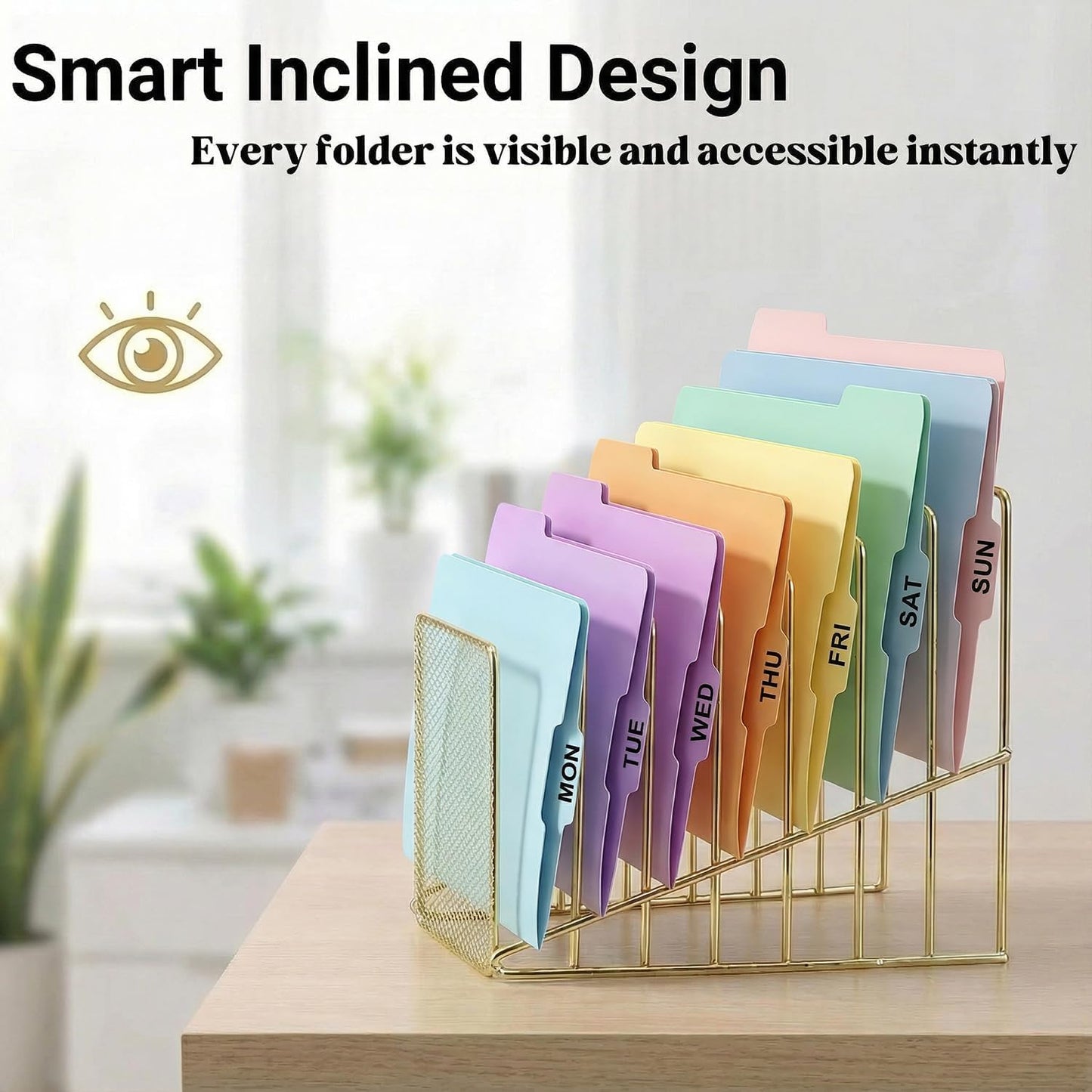 Gold Desk Organizer 7 Slot Inclined Vertical File Folder Holder Sorter with Mesh Front Metal Wire Rack for Mail, Slim