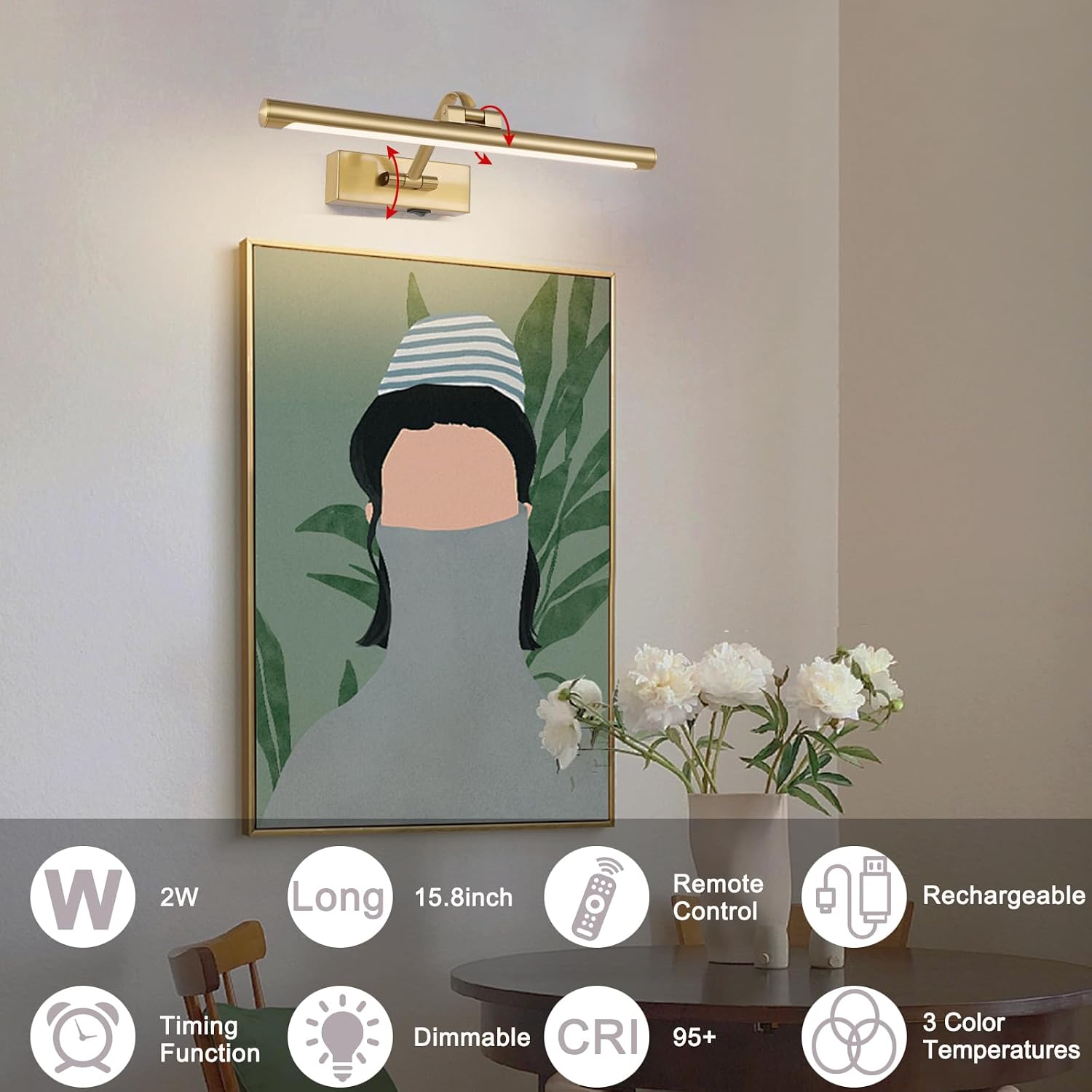 Wireless Picture Lights for Wall Battery Operated Brass Art Light for Paintings with Remote 3CCT Dimmable Potrait