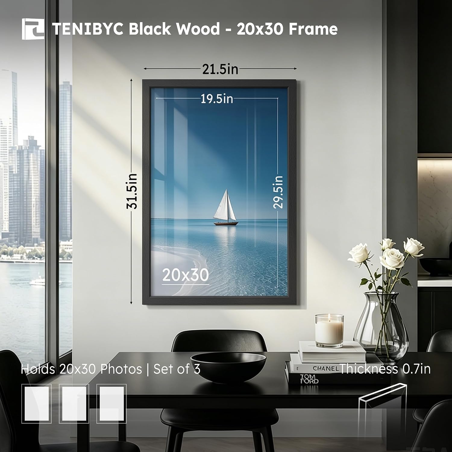 20x30 Poster Frame, Black Wood, 3 Pack, Wall Hanging for Picture | Thick Polished Plexiglass, Large Movie Poster Frame