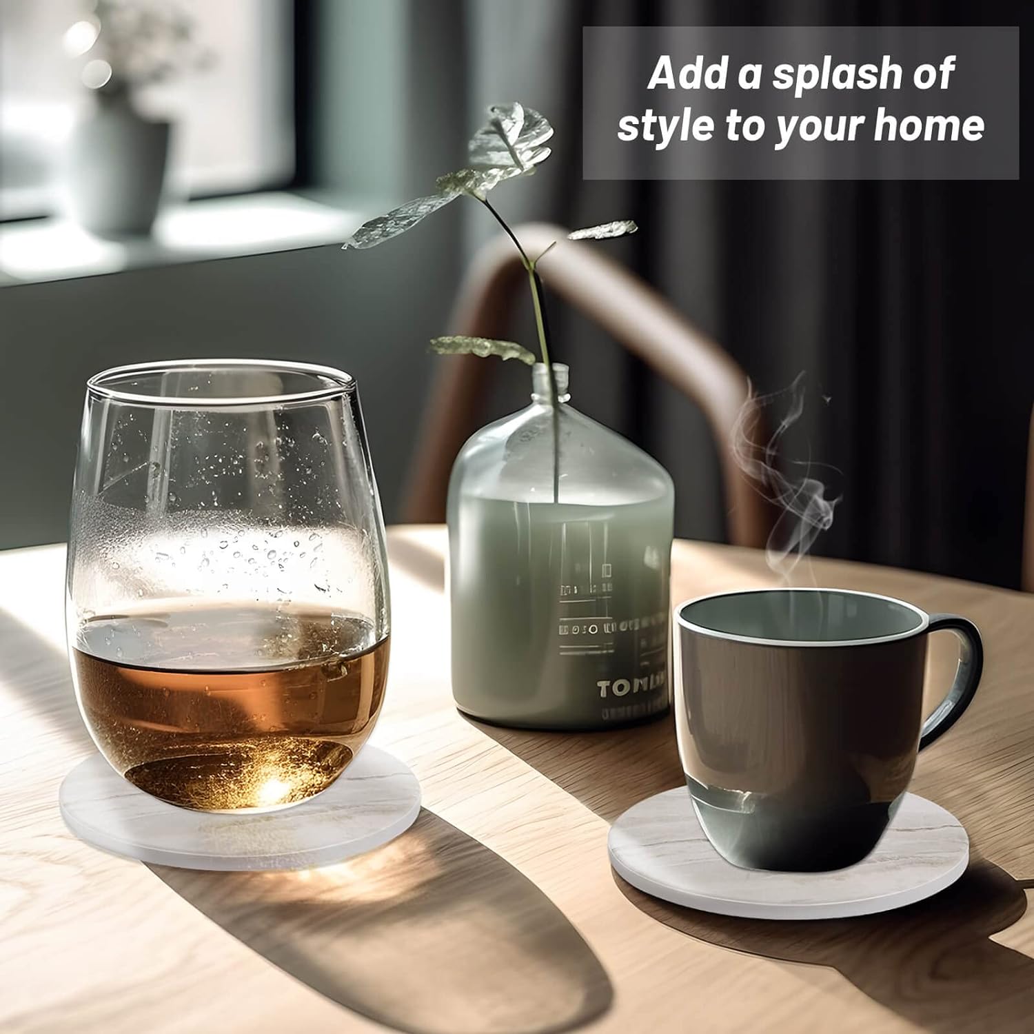Holder / Marble Style Ceramic Coaster for Wooden Table / Griege / Set of 10