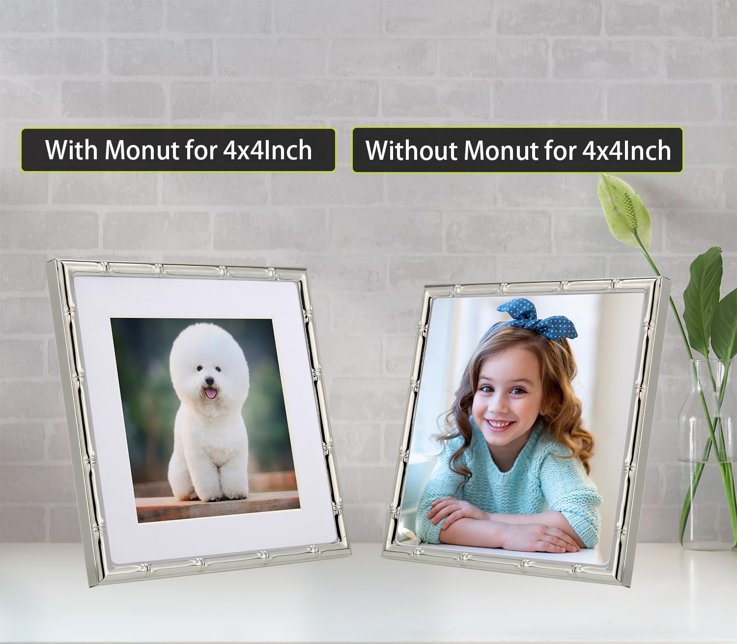 YiPinYin 6x6'' Bamboo Detail Sqaure Silver Metal Picture Frame With Mat for 4x4'' Set of 2, Narrow Silver Plated Photo