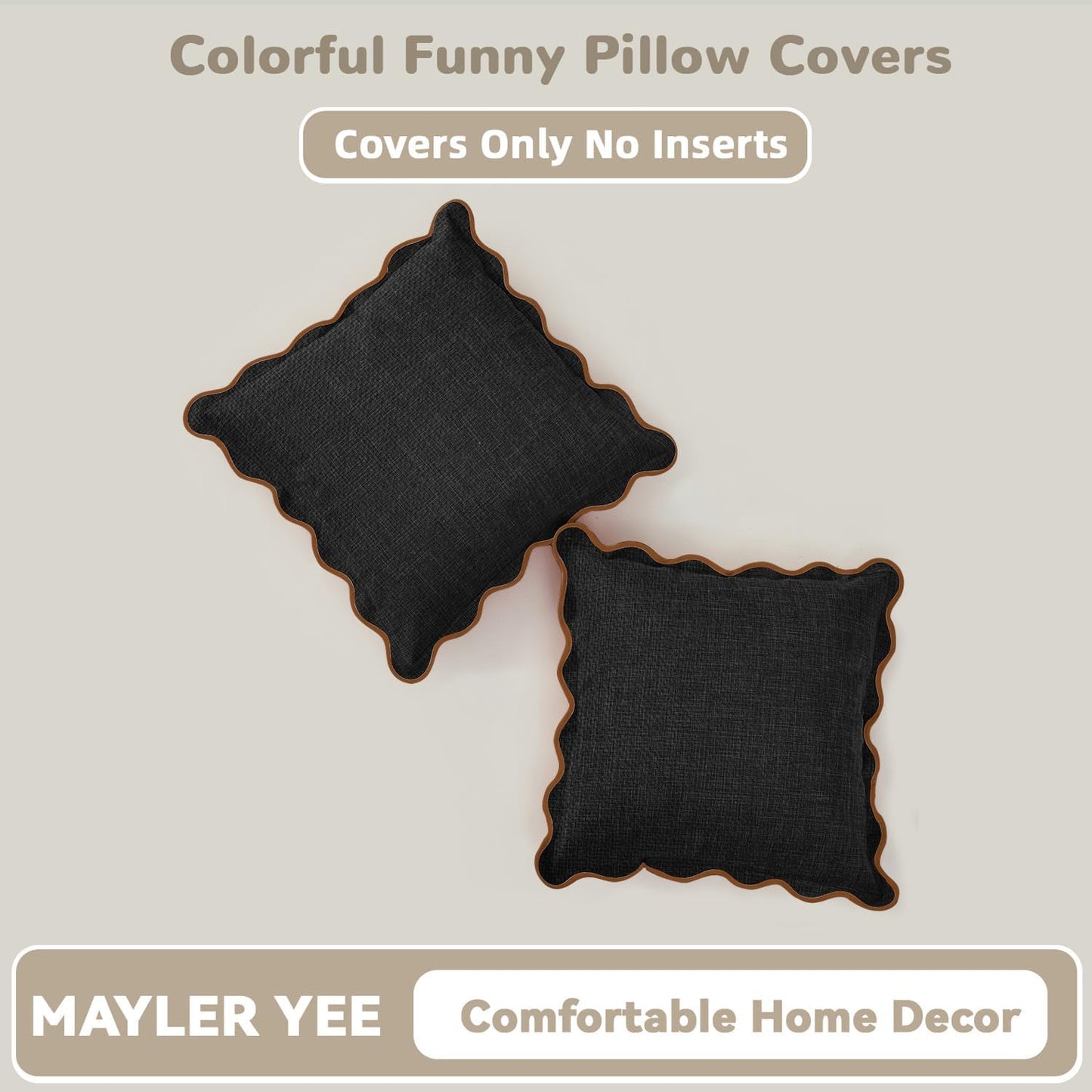 Scalloped Pillow Covers / Black & Khaki / 18 x 18 / Set of 2