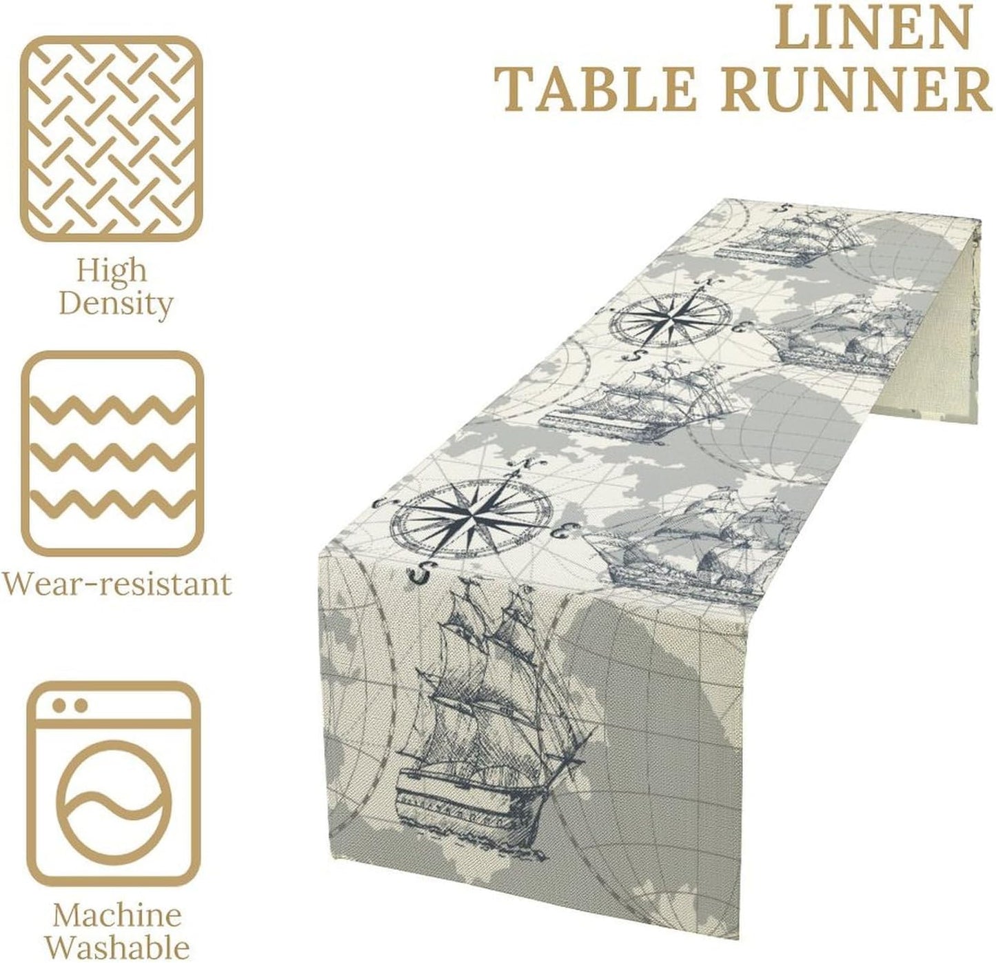Nautical Sailboat Map Table Runner, Sketch Pirate Ship Wheel Compass Patterns Printed Linen Table Runner for Home