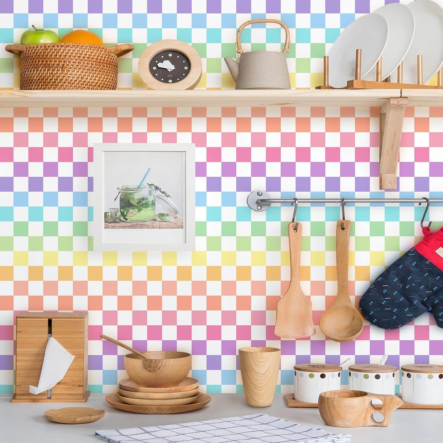 Wallpaper Colorful Waterproof Peel and Stick Contact Paper Vinyl / Rainbow / Checkered / 17.3 x 300