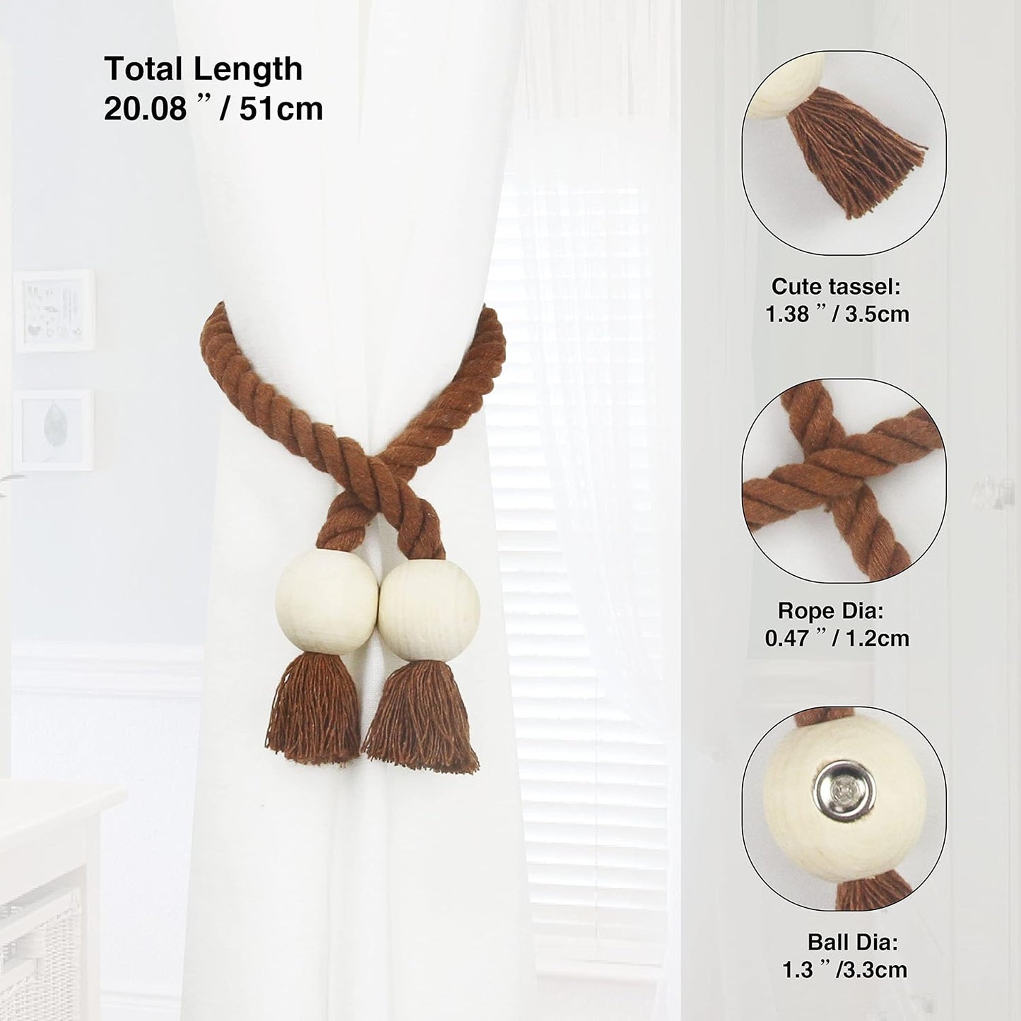 Magnetic Curtain Tiebacks Decorative Tie Back Drapes Holdbacks Nieffeiy | 6 Pack Khaki Cotton Hand Woven Rope Curtain