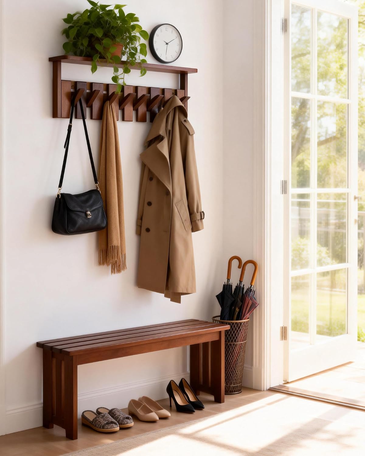 Wooden Coat Rack Wall Mount with Shelf, Heavy Duty Entryway Organizer with 8 Hooks,Coat Hooks Hanger for Coats, Hats