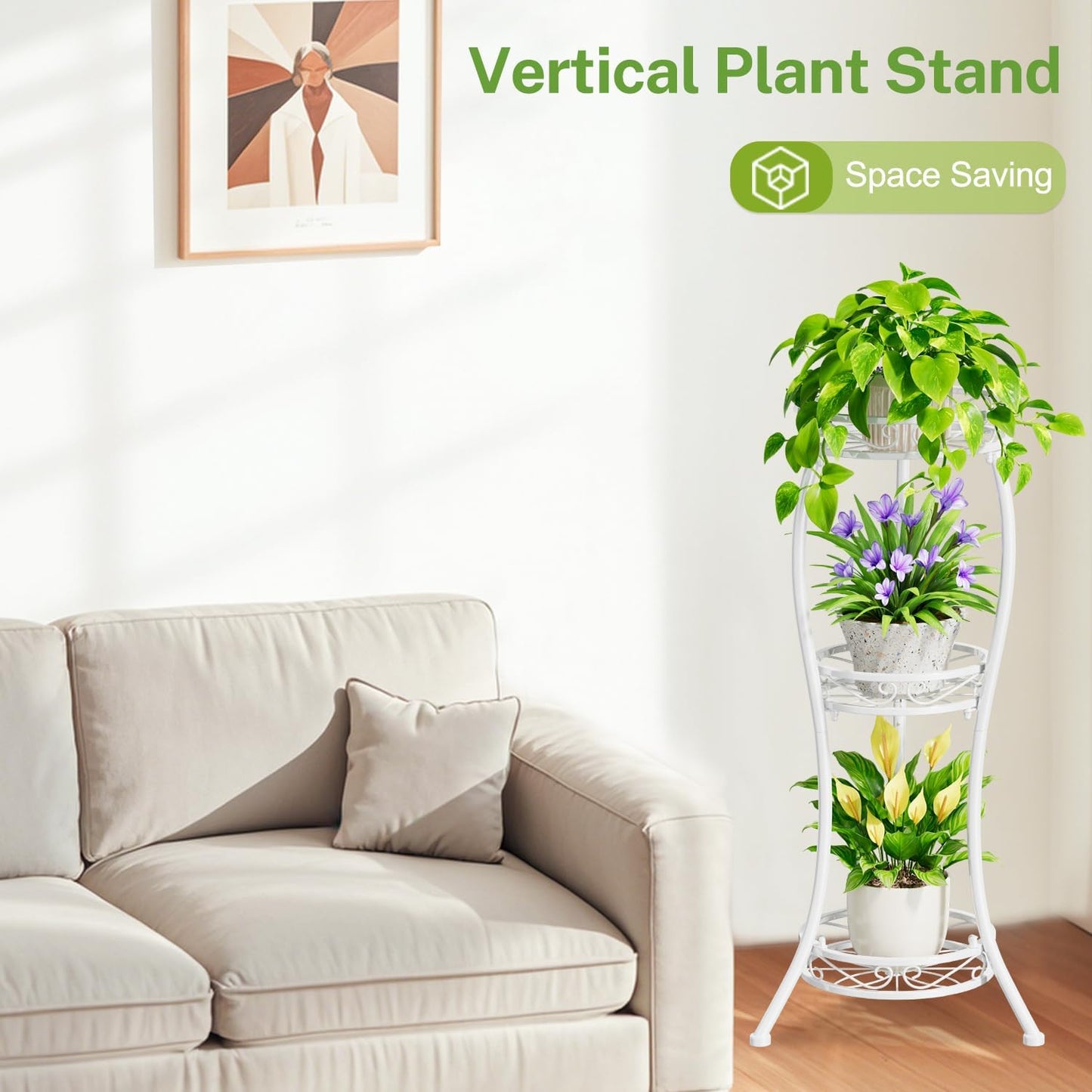 iDavosic.ly 3 Tier Metal Plant Stand Outdoor Indoor, 34 Inch Tall, White | Corner Flower Pot Holder Shelf, Wrought Iron