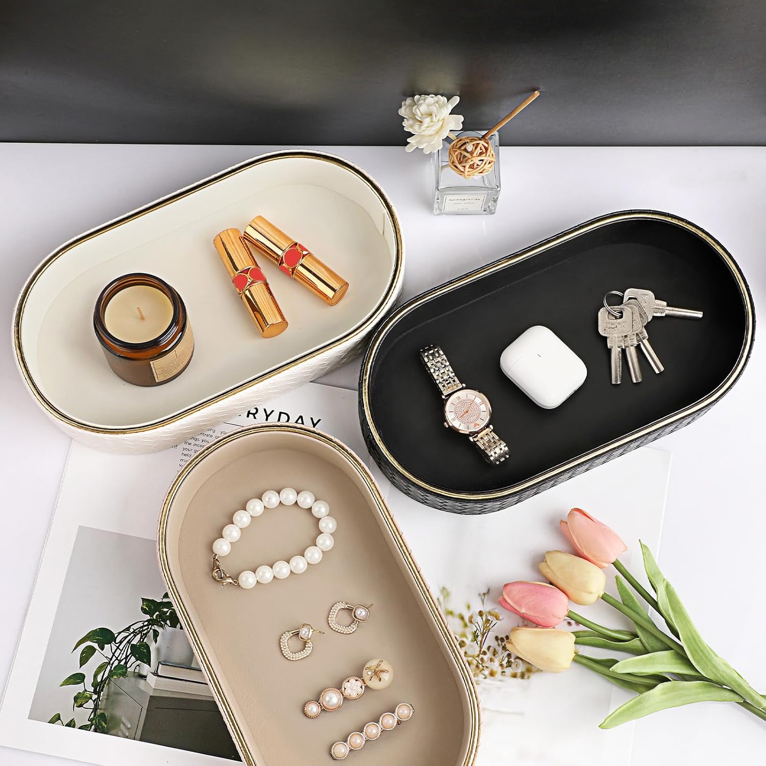 Perfume Trays PU Leather Vanity Tray for Dresser Bathroom Valet Trays Oval / 11 x 5.9 x 2 / Beige