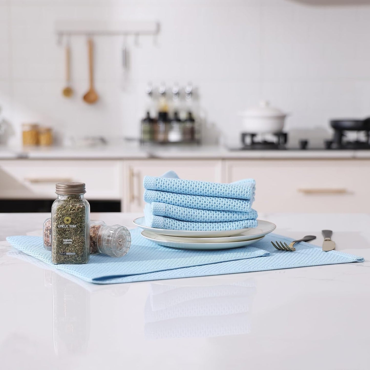 Kitinjoy 100% Cotton Waffle 12-Pack Kitchen Towels, 13" x 28", Sky Blue | Super Soft, Ultra-Absorbent, Fast Drying