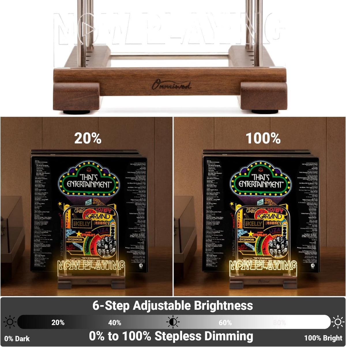 Onmiwod Vinyl Record Holder for 35 LPs, Light Up Now Playing Vinyl Record Stand, Wooden Album Storage Organizer, Album