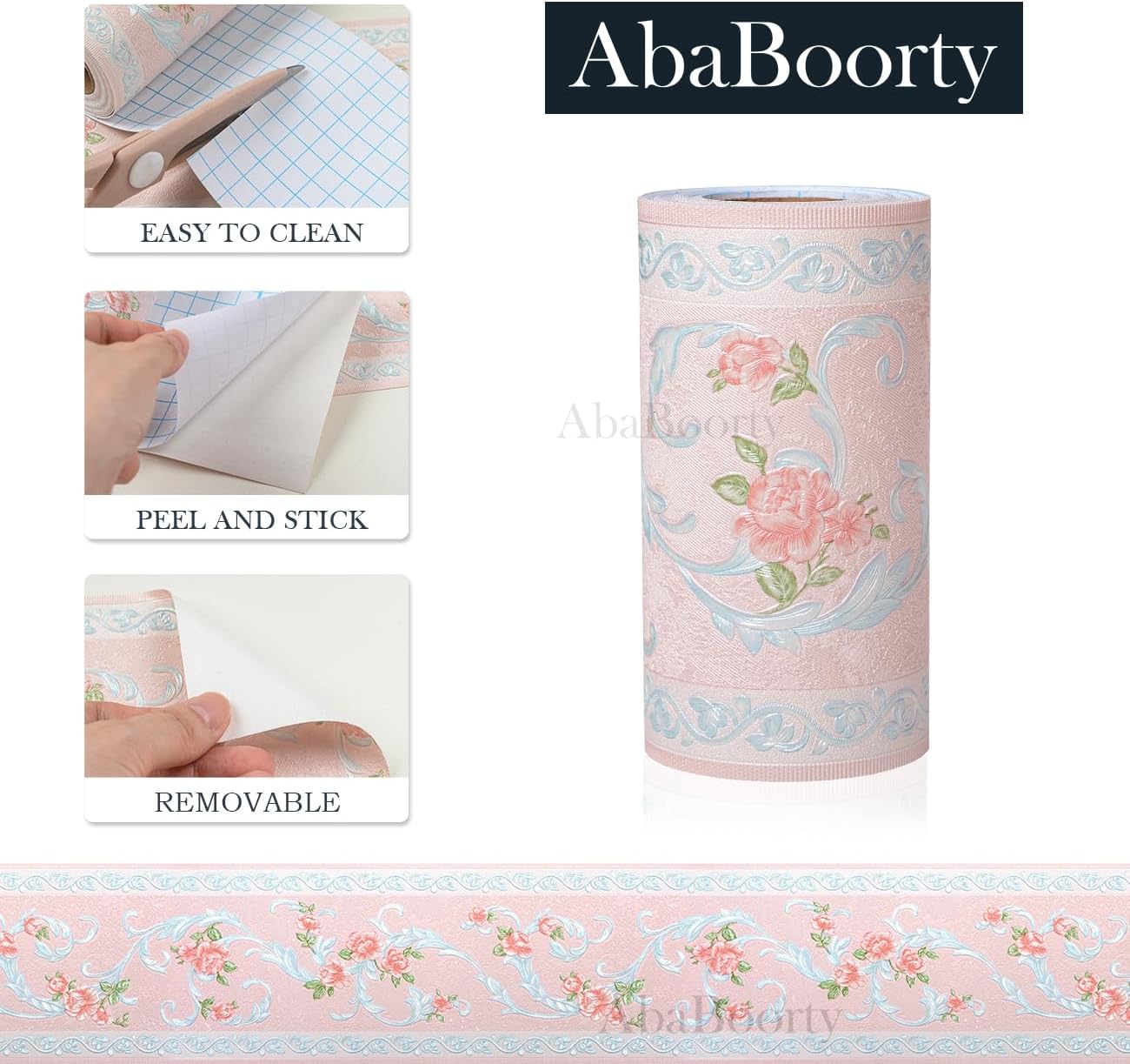 Flower Wallpaper Border Peel and Stick 3D Pattern Wall Decor Trim / Pink / 394 x 4.1