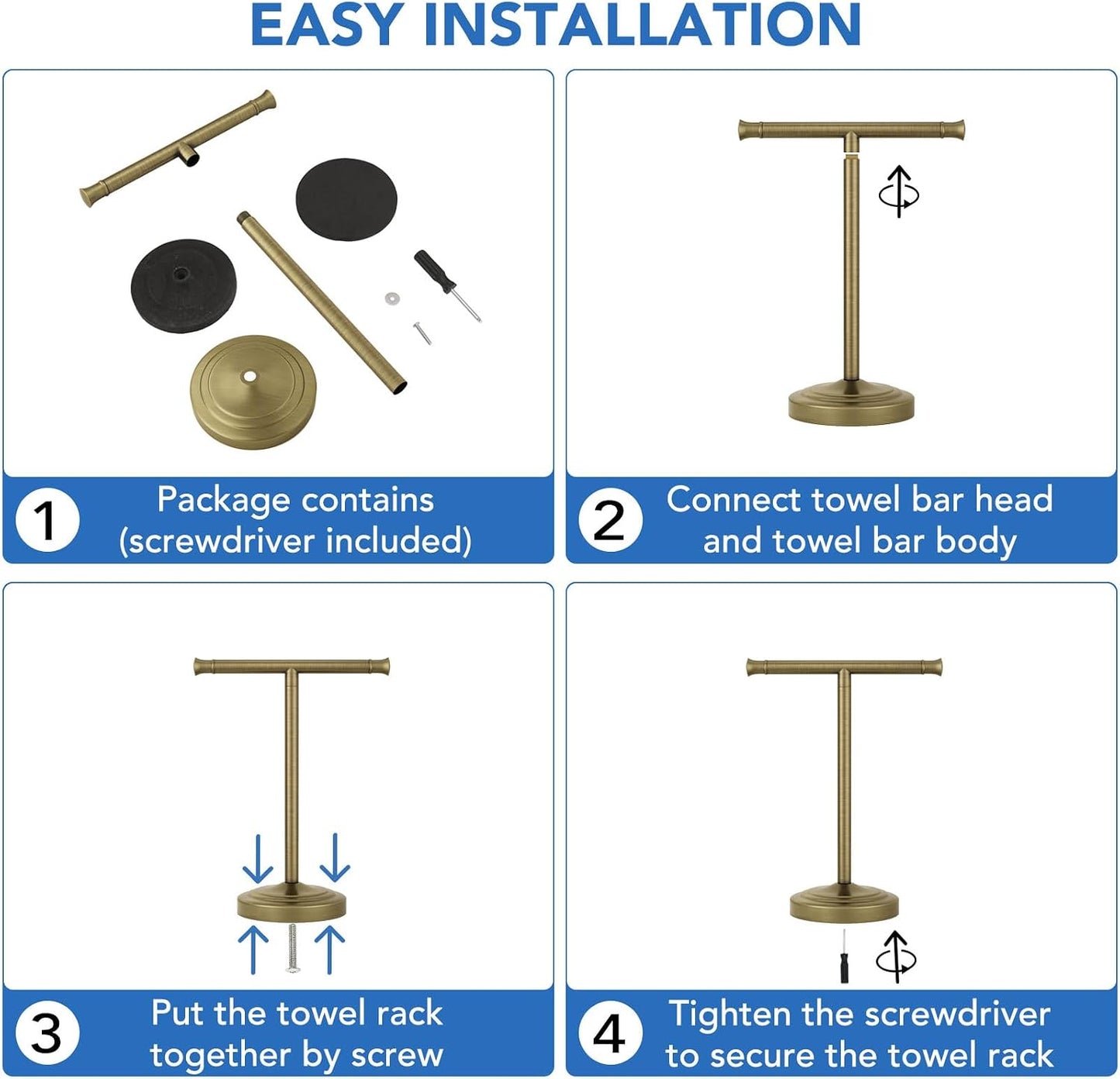 RUMOSE Antique Brass Hand Towel Holder Stand Countertop Towel Rack | 13 Inch Bathroom Kitchen Vanity T-Shape Towel