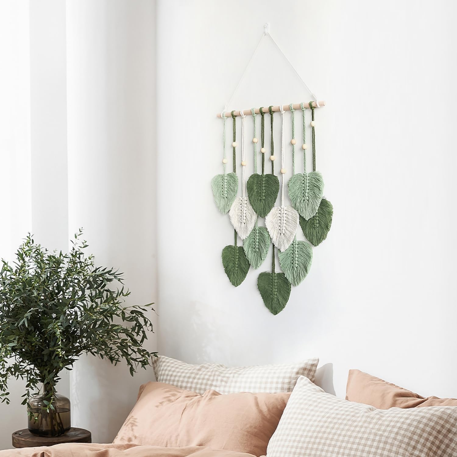 Macrame Wall Hanging Boho Woven Tapestry Handmade Home Wall Decor Bohemian Leaf Modern / Green&beige