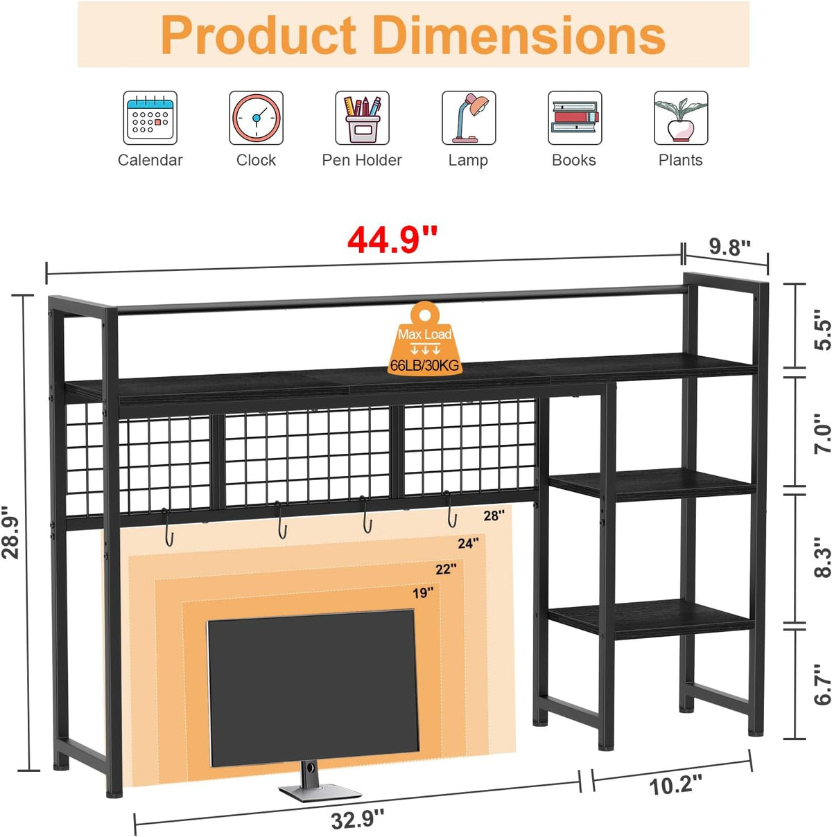 Snughome Desk Shelf, 44.9" Desktop Organizer Shelf, Desk Hutch for Computer Monitor, 4 Tier Desk Display Rack with