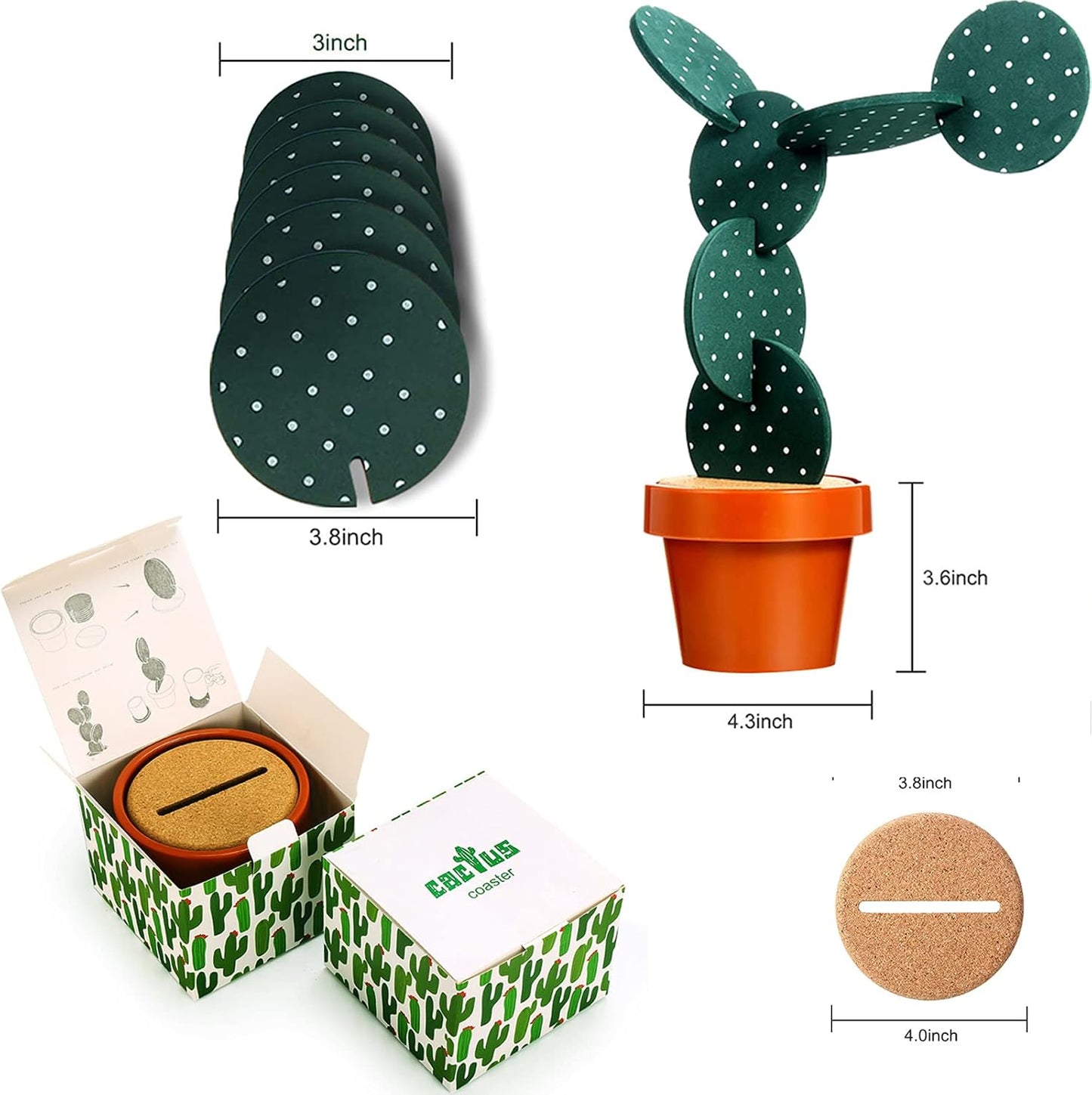 Flowerpot Holder / Cactus Coasters Set for Drinks / Green White Point / Set of 6