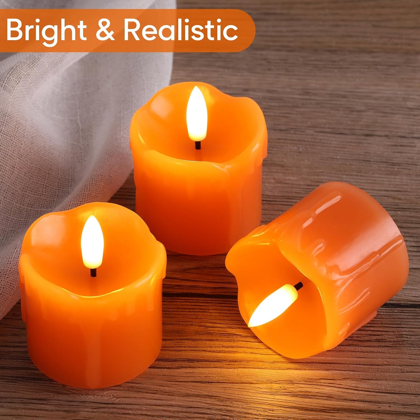 Orange Dripping Wax Flameless Votive Candles with Remote Batteries | Halloween Fall LED Candles, 2x2 inch Battery