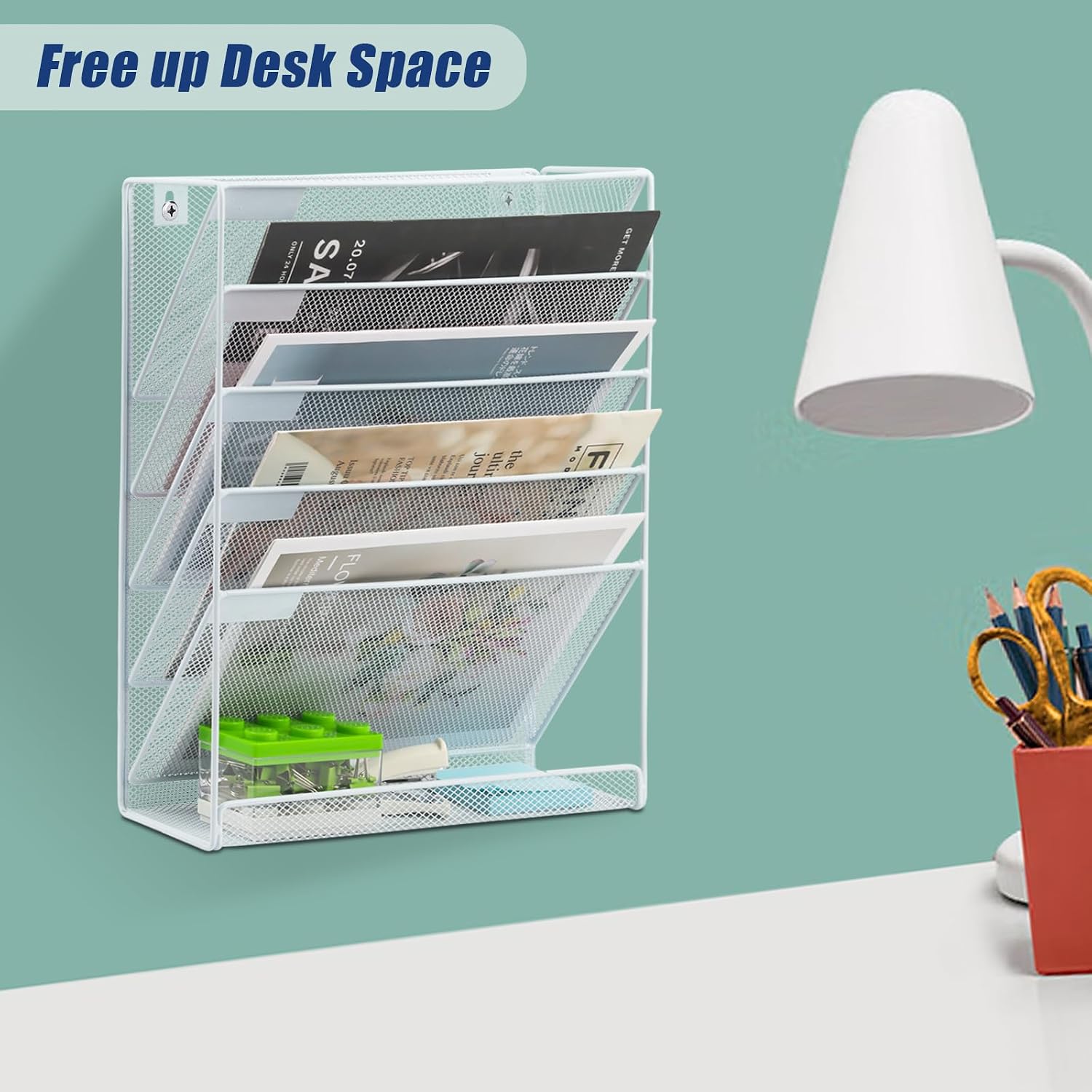 Desk File Organizer Mesh 6-Tier, Hanging Wall Mount Document Organization Stand, Desktop Vertical Mail Paper Folder