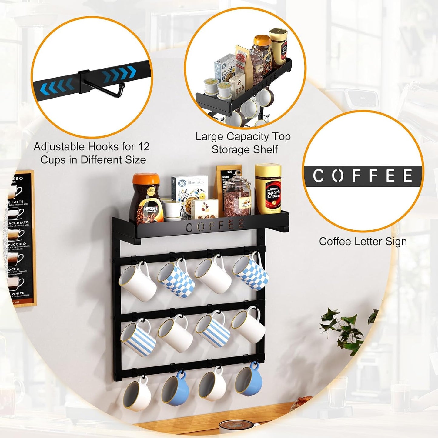 Coffee Mug Holder Wall Mounted with 12 Movable Hooks | Sturdy Metal Coffee Cup Holder with Large Top Shelf for Mug