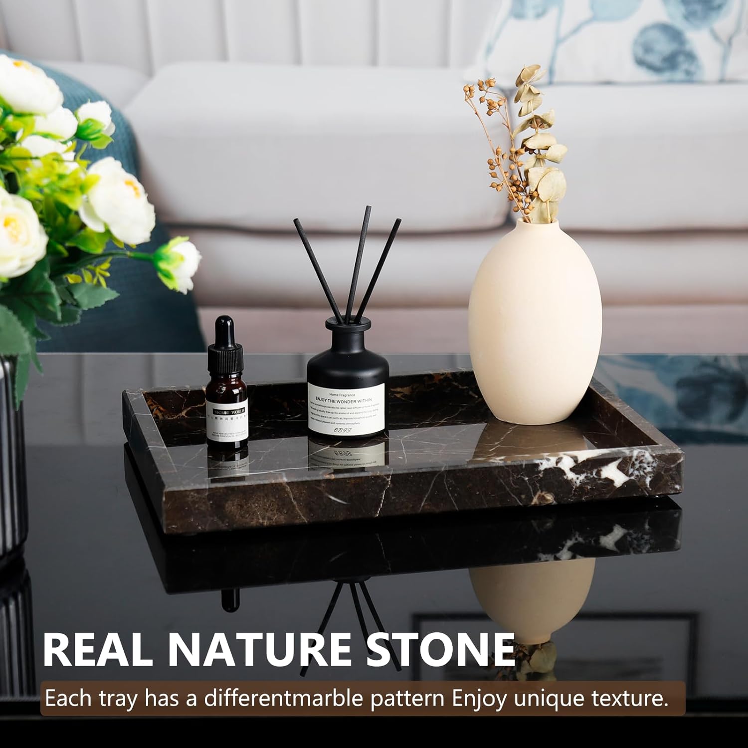 Real Natural Marble Tray / Brown / 12 x 8 x 1.2