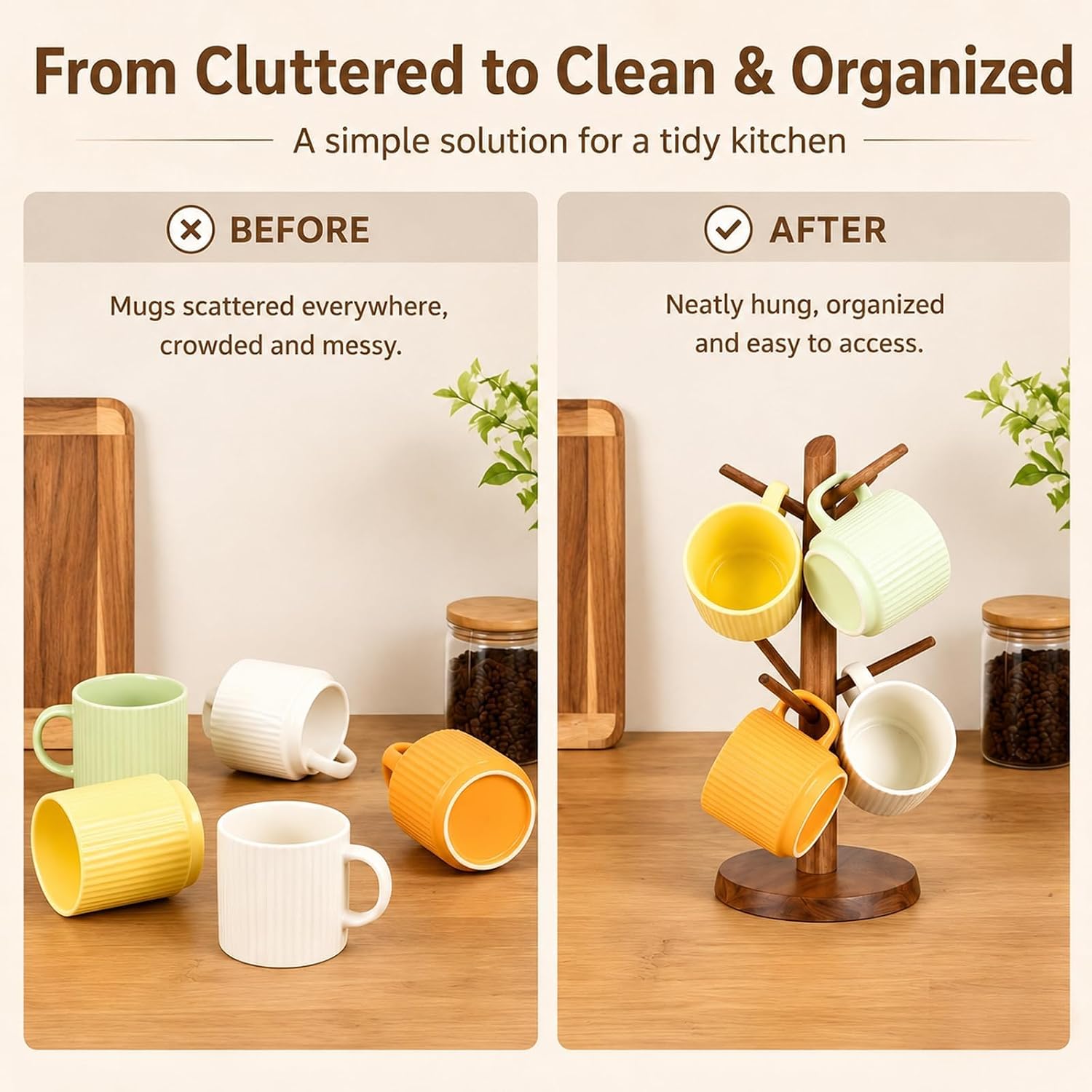 Acacia Wood Coffee Mug Tree Holder Countertop with 6 Hooks | Wooden Mug Organizer for Kitchen Coffee Bar, Easy to