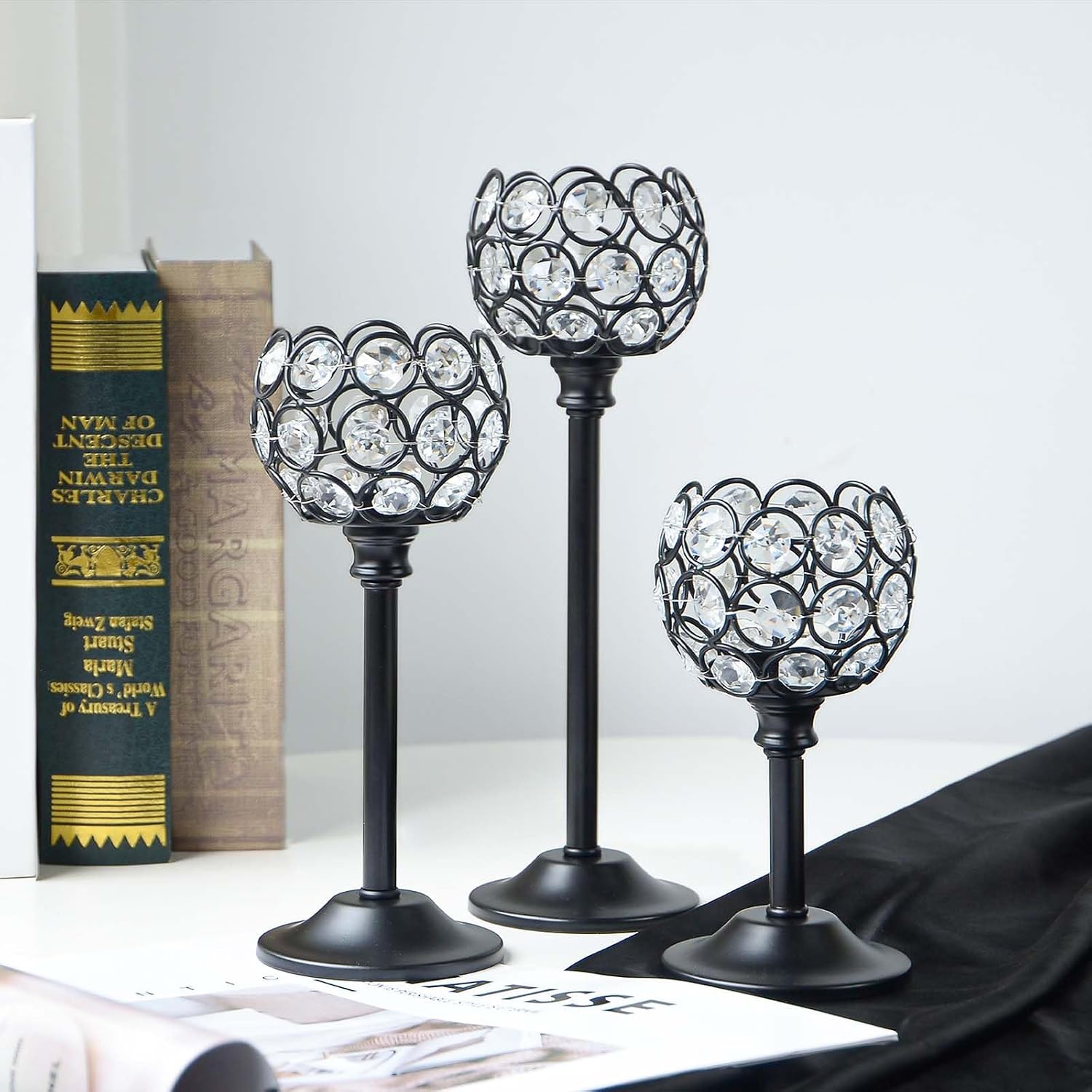 6pcs Crystal Candle Holder Set, 3 Sizes Tealight Candlestick Holders, Elegant Black Candelabra Bulk for Wedding Table