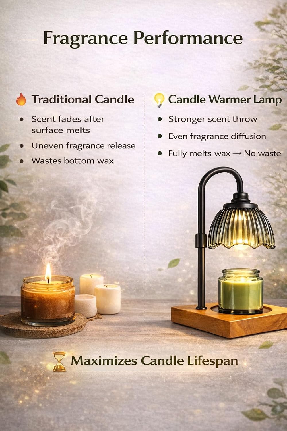 Candle Warmer Lamp for Jar Candles with Timer, Dimmer & 2 Bulbs | Petal Glass Shade, Rubber Wood Base, Adjustable