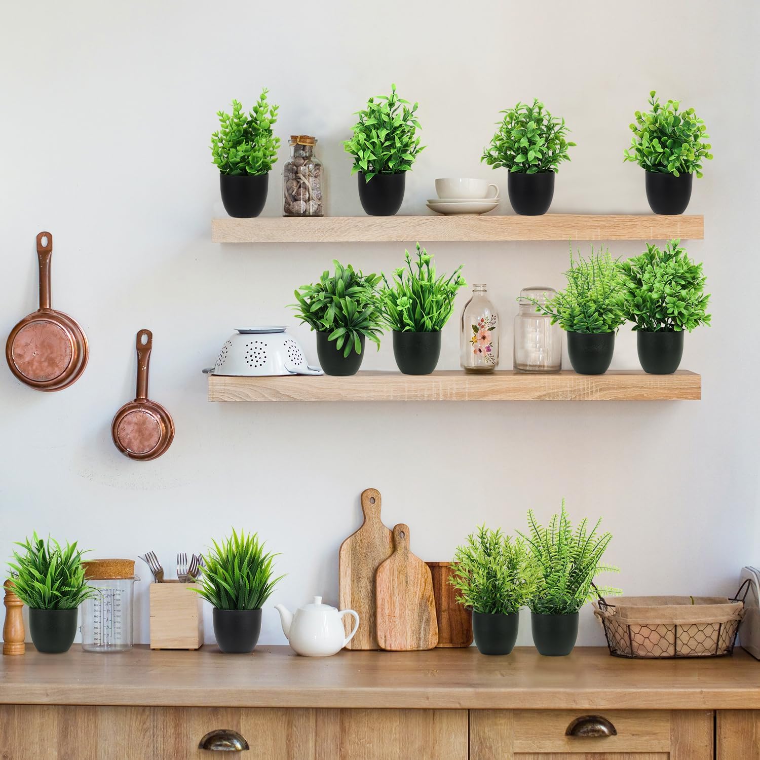 Artificial Plants Mini Fake Potted Plants / Flower Plant with Black Pot / Set of 12