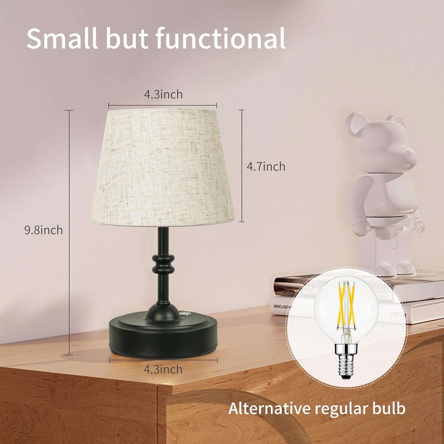 ONEWISH Small Cordless Lamp, Battery Operated Table lamp Dimmable, 4000mAh Rechargeable, Touch Bedside Lamp with Beige