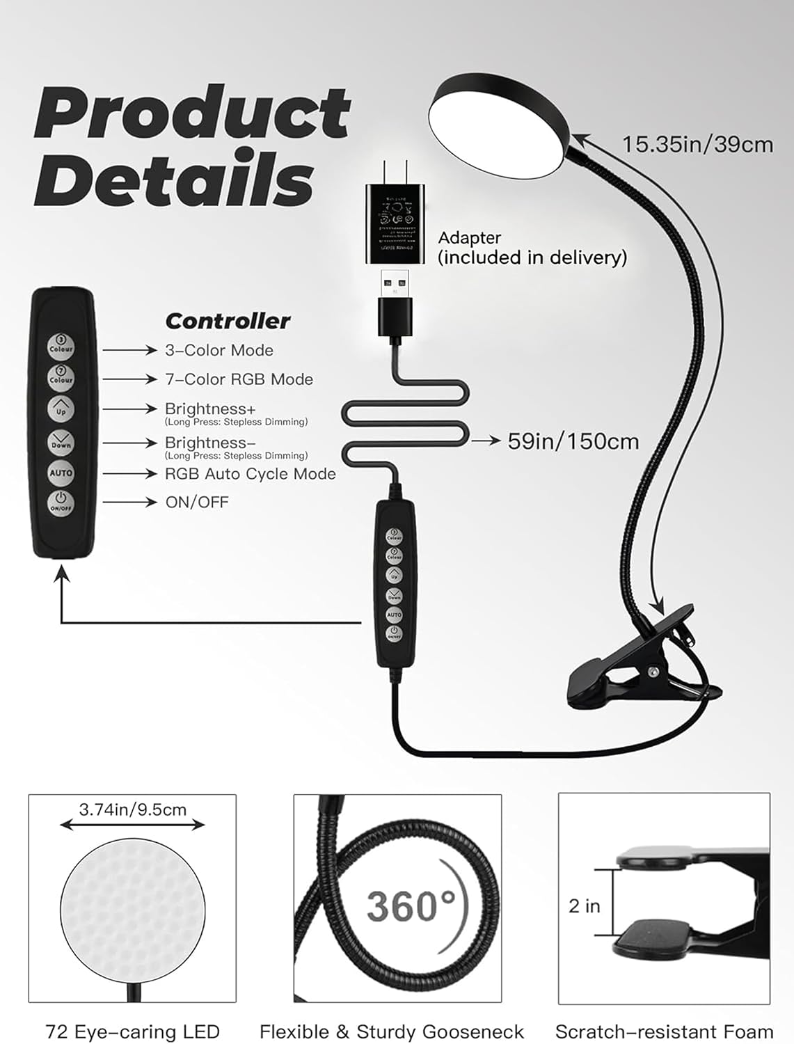 Clip on Light,10 RGB Colors+10 Brightness Small Desk Lamp with Clamp Light | 500 lm Bright 72 LED Desk Light, USB