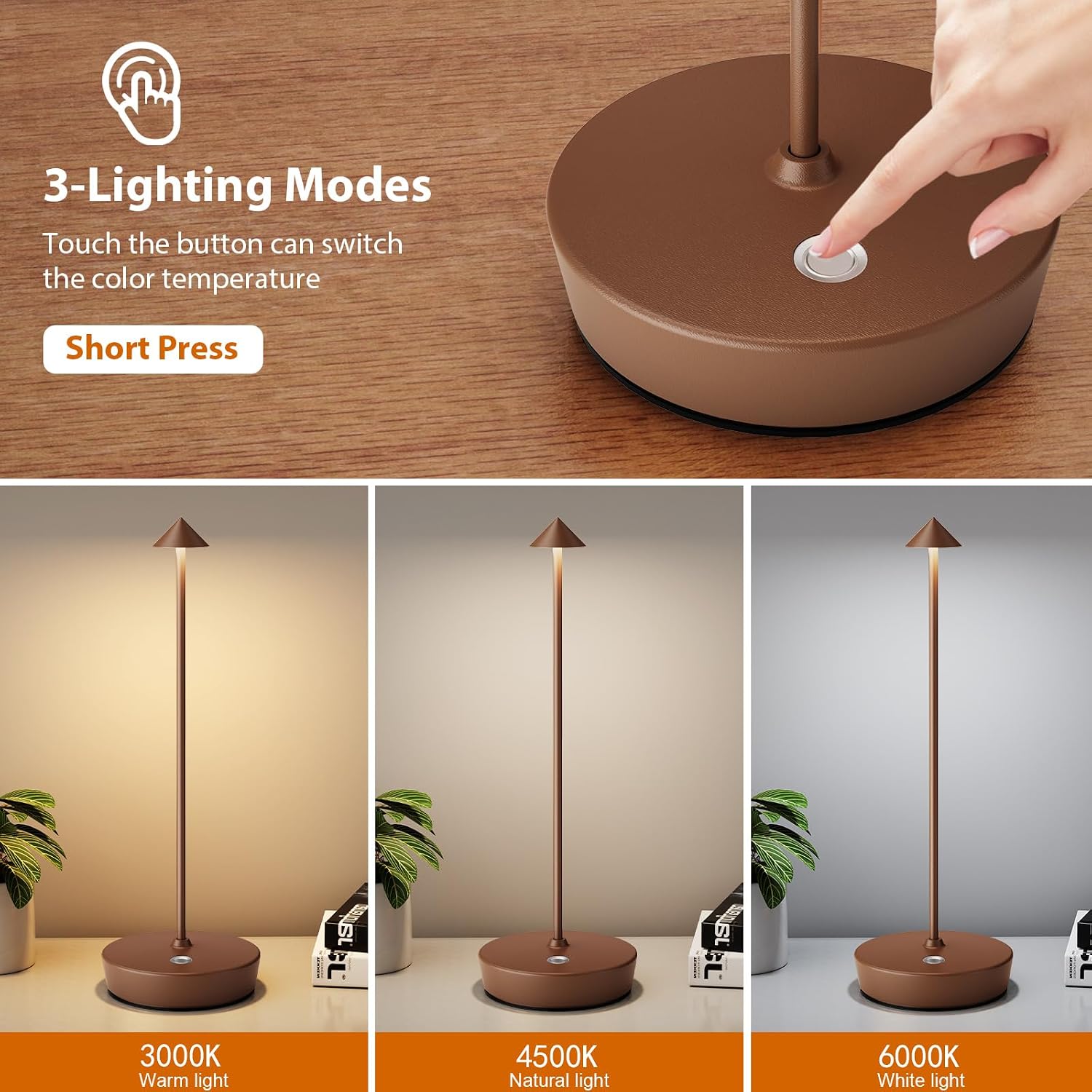 2Pack Rechargeable Cordless Table Lamp, Portable Powered LED Battery 6000mAh Metal USB Desk Lamp, 3 Levels Brightness