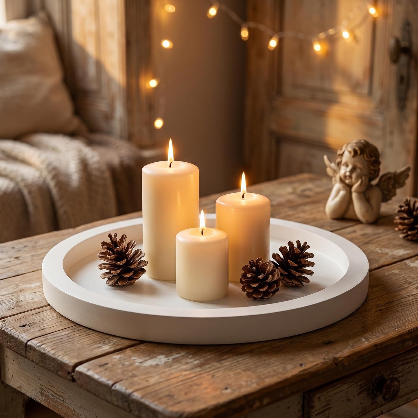 Candle Plate Holder Round Wooden Decorative Tray for Coffee Dinner Table / White / Set of 11
