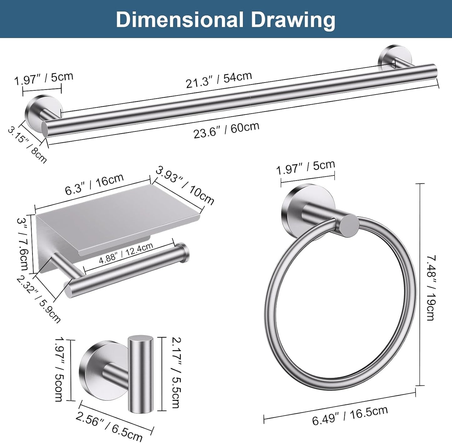 Brushed Nickel Bathroom Hardware Set, 5 Pieces Towel Bar Bathroom Accessories, Upgraded Toilet Paper Holder with Shelf