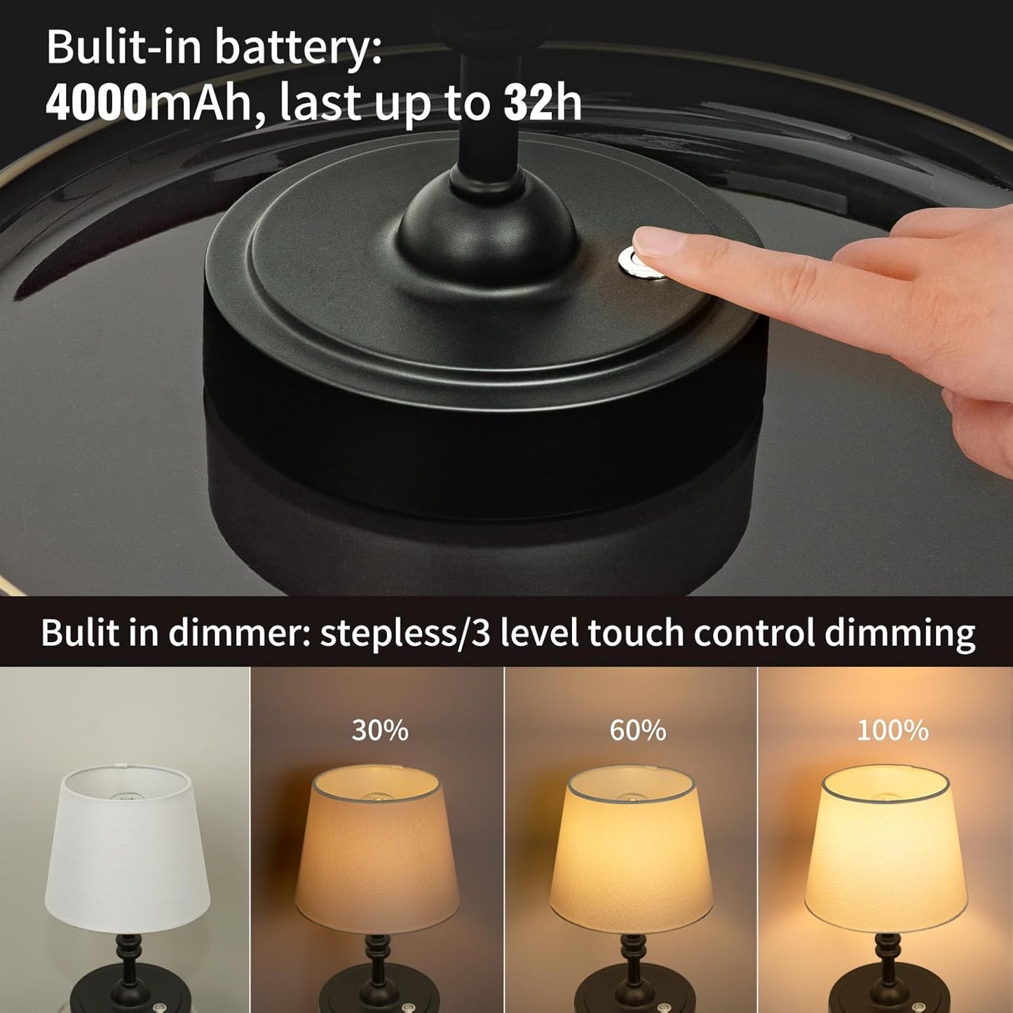 ONEWISH Small Cordless Lamp Dimmable-Battery Operated Table lamp, 4000mAh Rechargeable, Touch Bedside Lamp with White