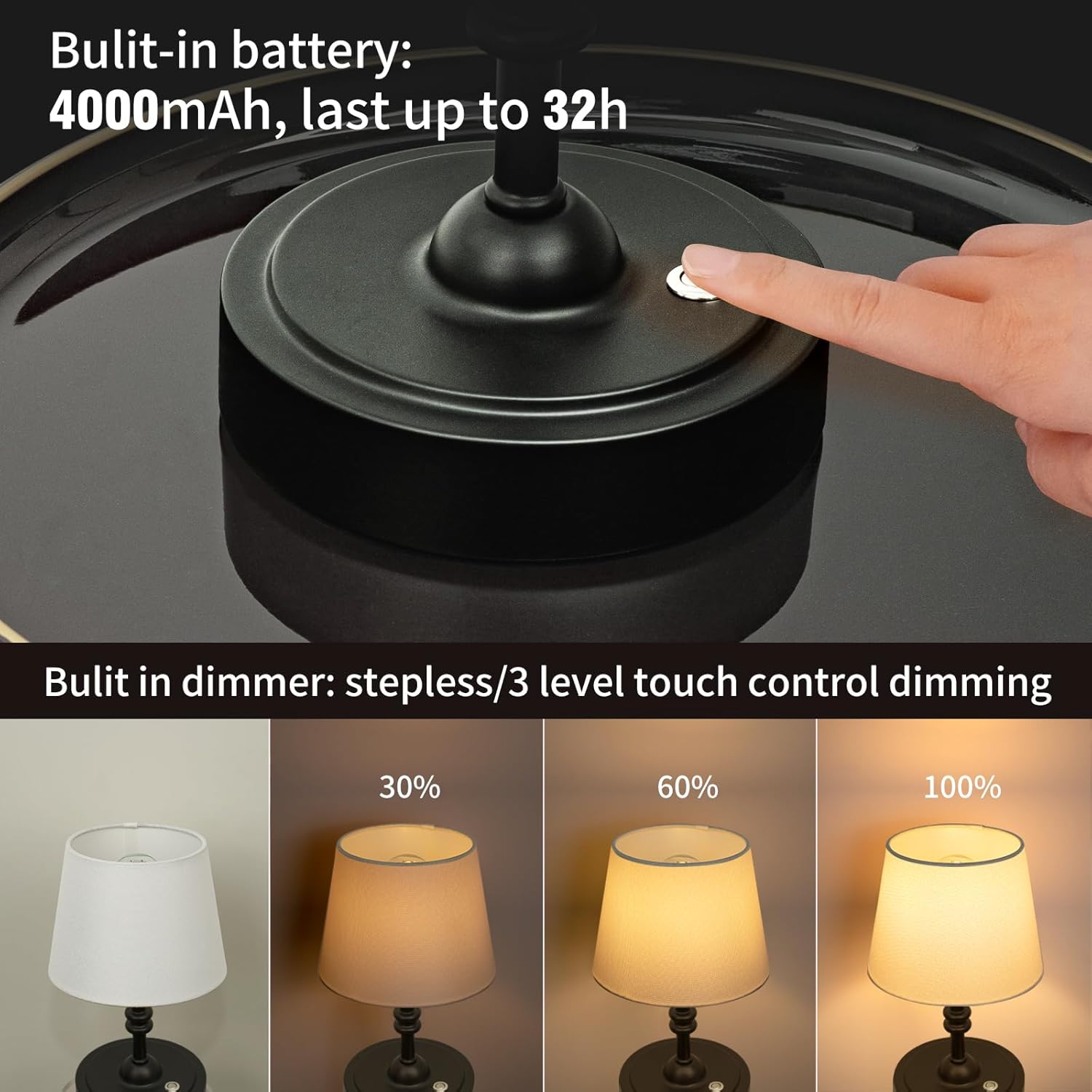 ONEWISH Small Cordless Lamp Dimmable-Battery Operated Table lamp, 4000mAh Rechargeable, Touch Bedside Lamp with White