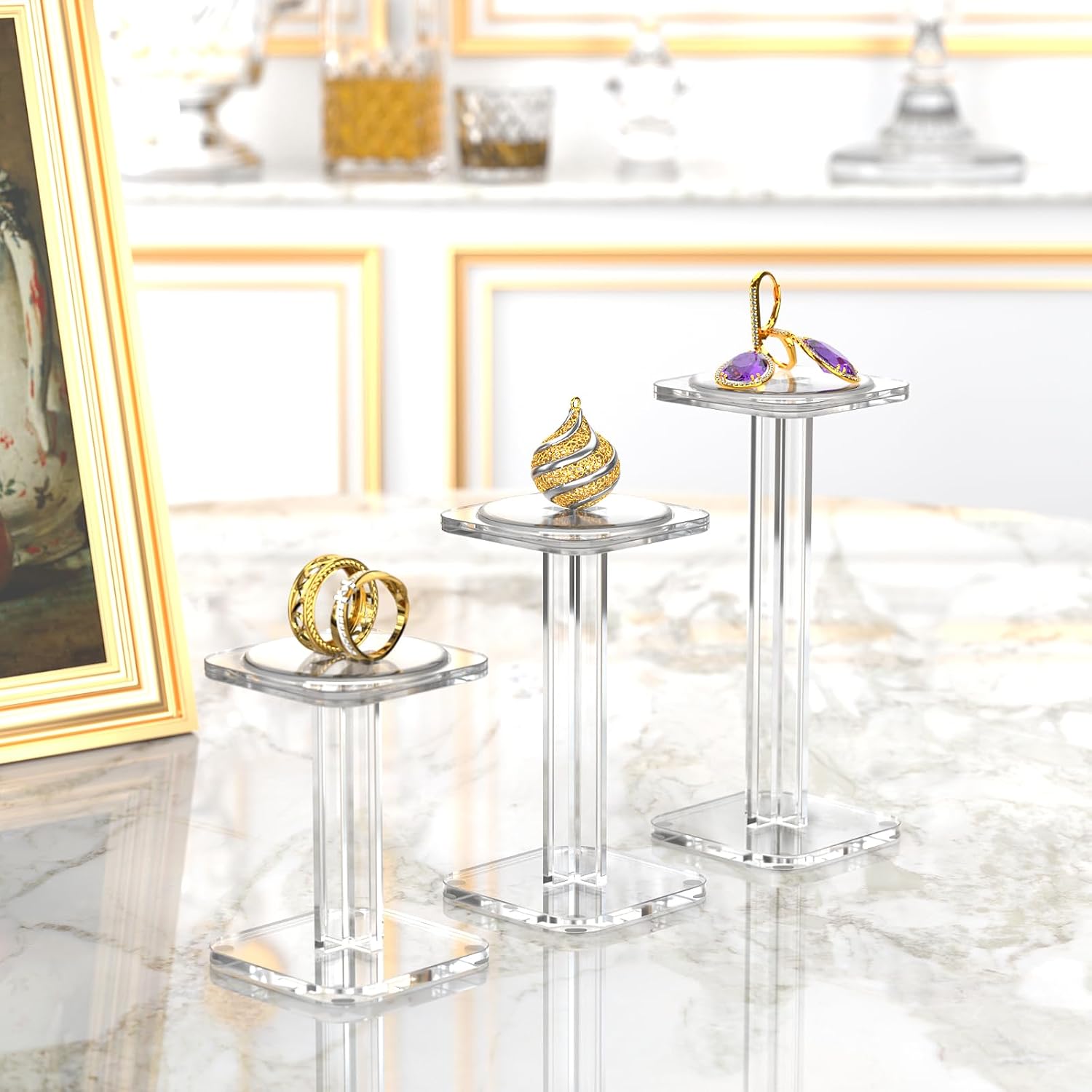 Display Stand Holder Tabletop Jewelry Showcase Square Pedestal Shelf / Clear / Set of 3
