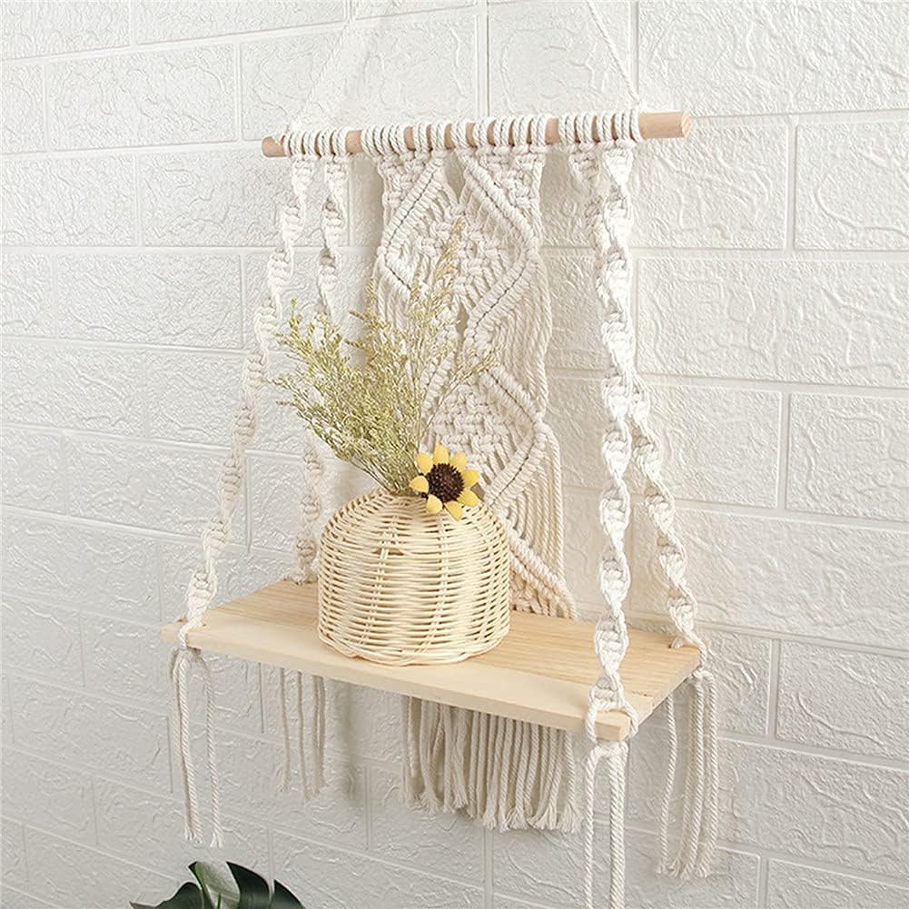 Macrame Wall Hanging Plant Decor Shelf Indoor Outdoor Floating Wood shelve Decorative Hand Made Rope
