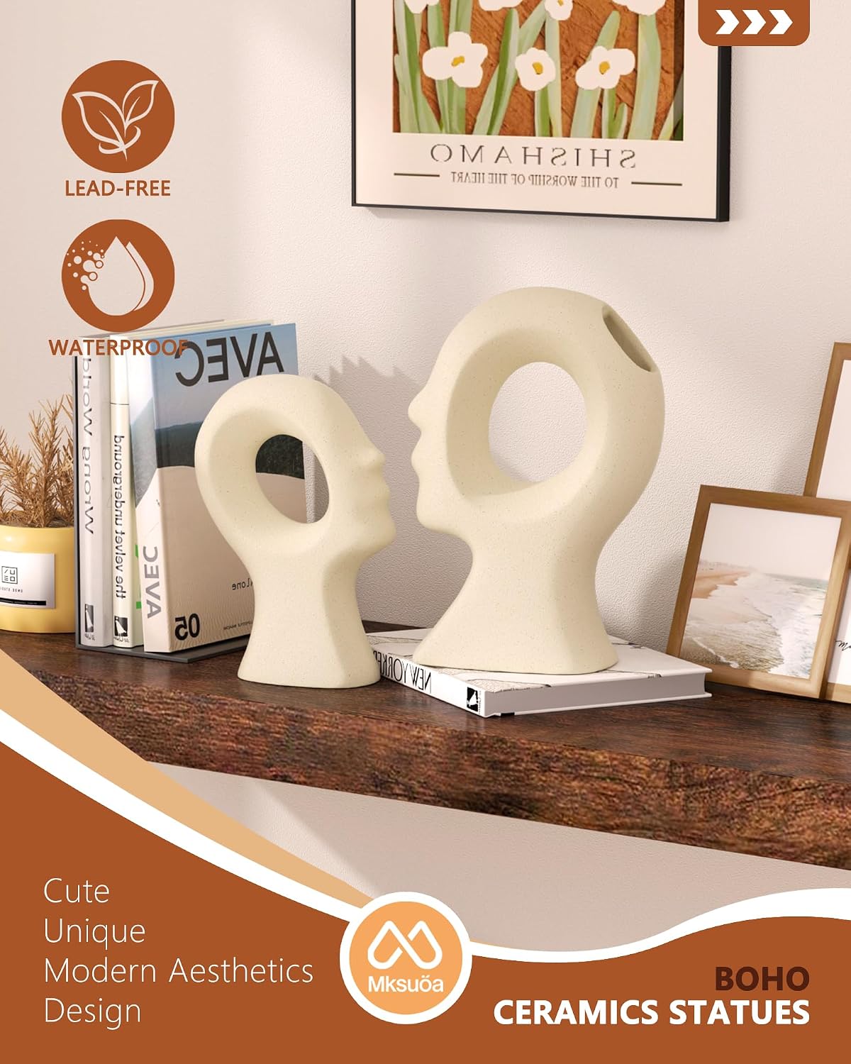 Ceramic Figurines / Couple Decorative Statues Set / Beige White