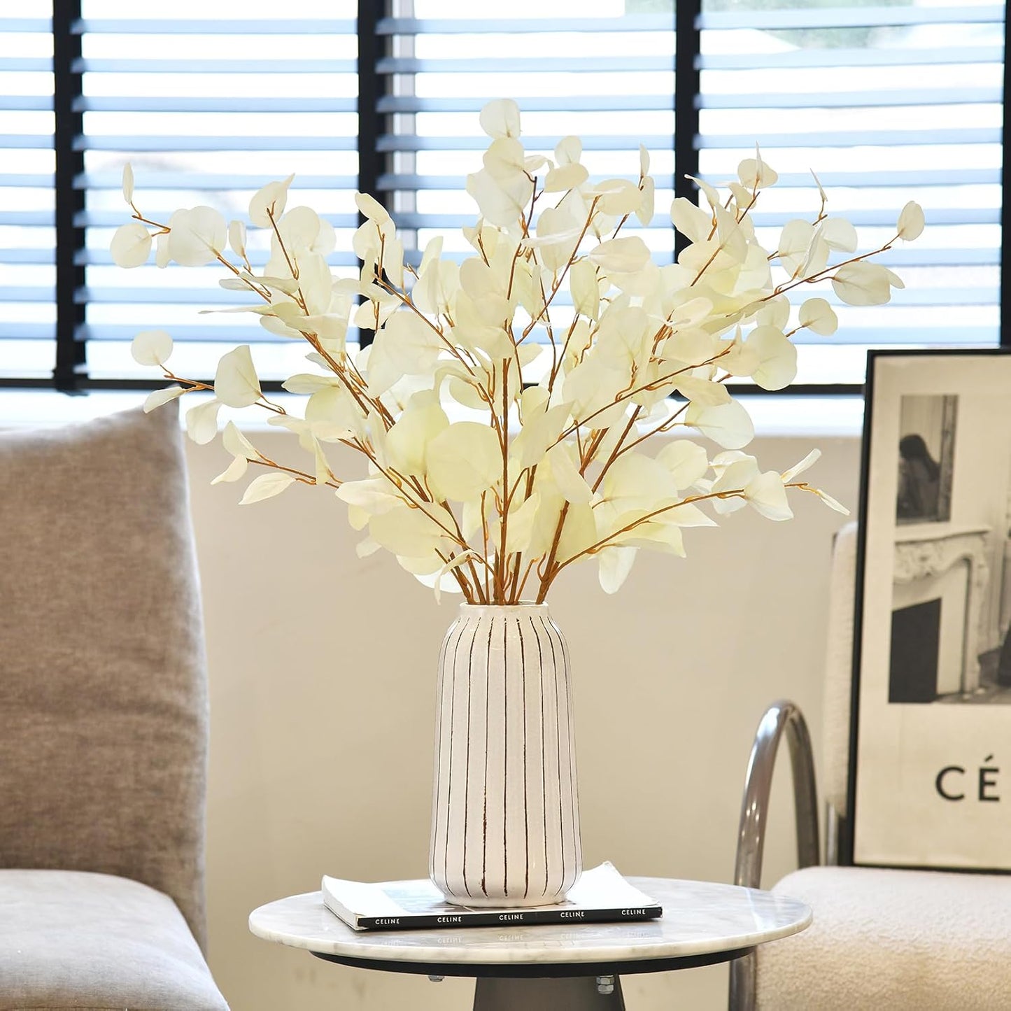 Artificial Eucalyptus Stems Long 33" Fake Eucalyptus Leaves Branches / Cream White*3 / Set of 3