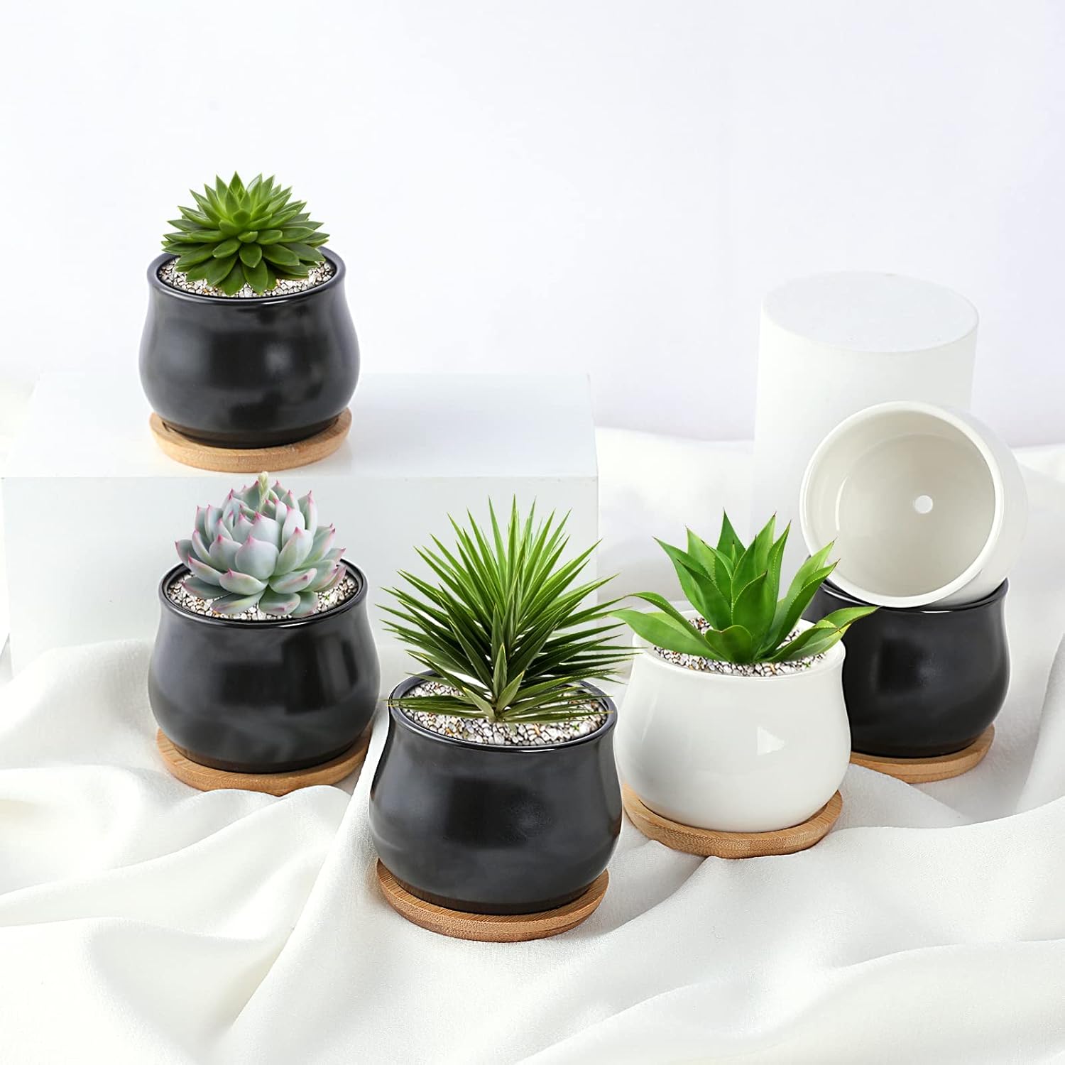 Mini Ceramic Flower Planter Pot / Black,white / 2.6 Inch / Set of 12