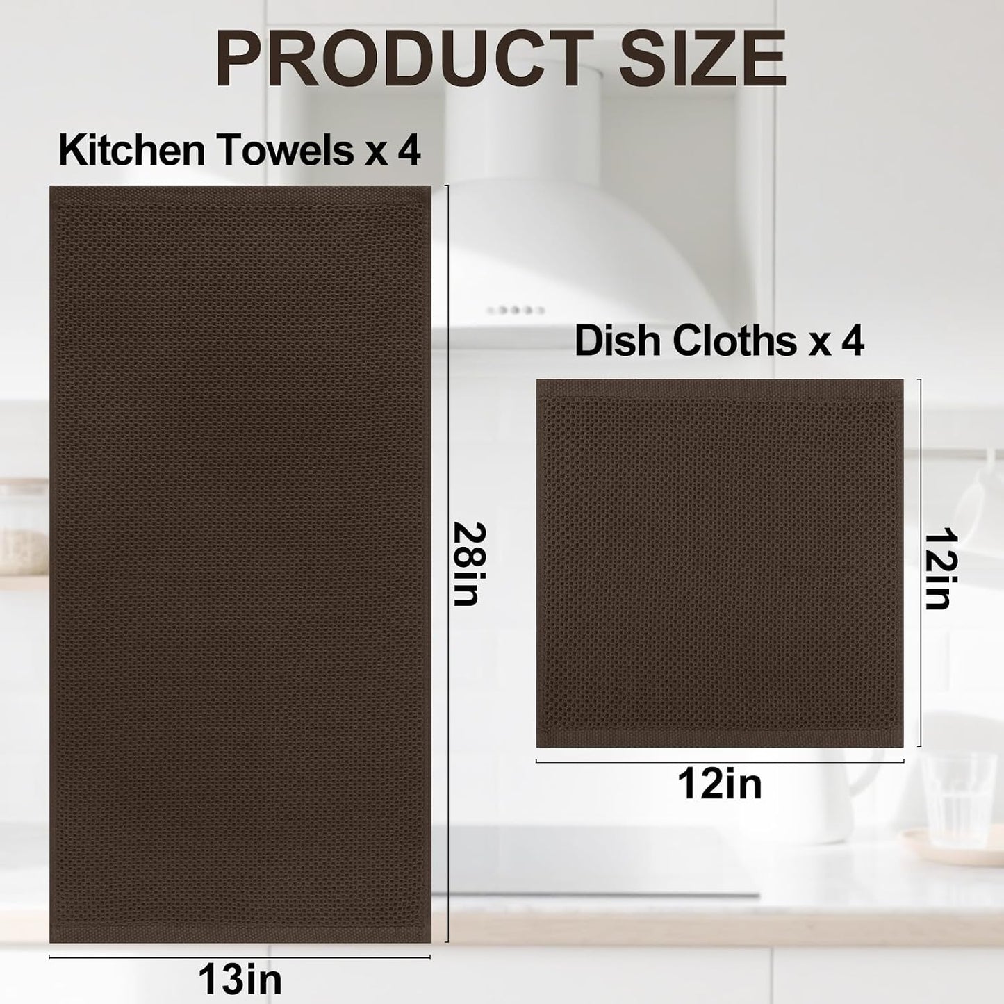 Homaxy 8 Pack 100% Cotton Kitchen Towels and Dishcloths Set, Dark Brown | 12 x 12 Inches and 13 x 28 Inches Kitchen