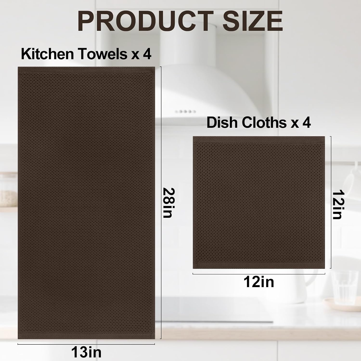 Homaxy 8 Pack 100% Cotton Kitchen Towels and Dishcloths Set, Dark Brown | 12 x 12 Inches and 13 x 28 Inches Kitchen