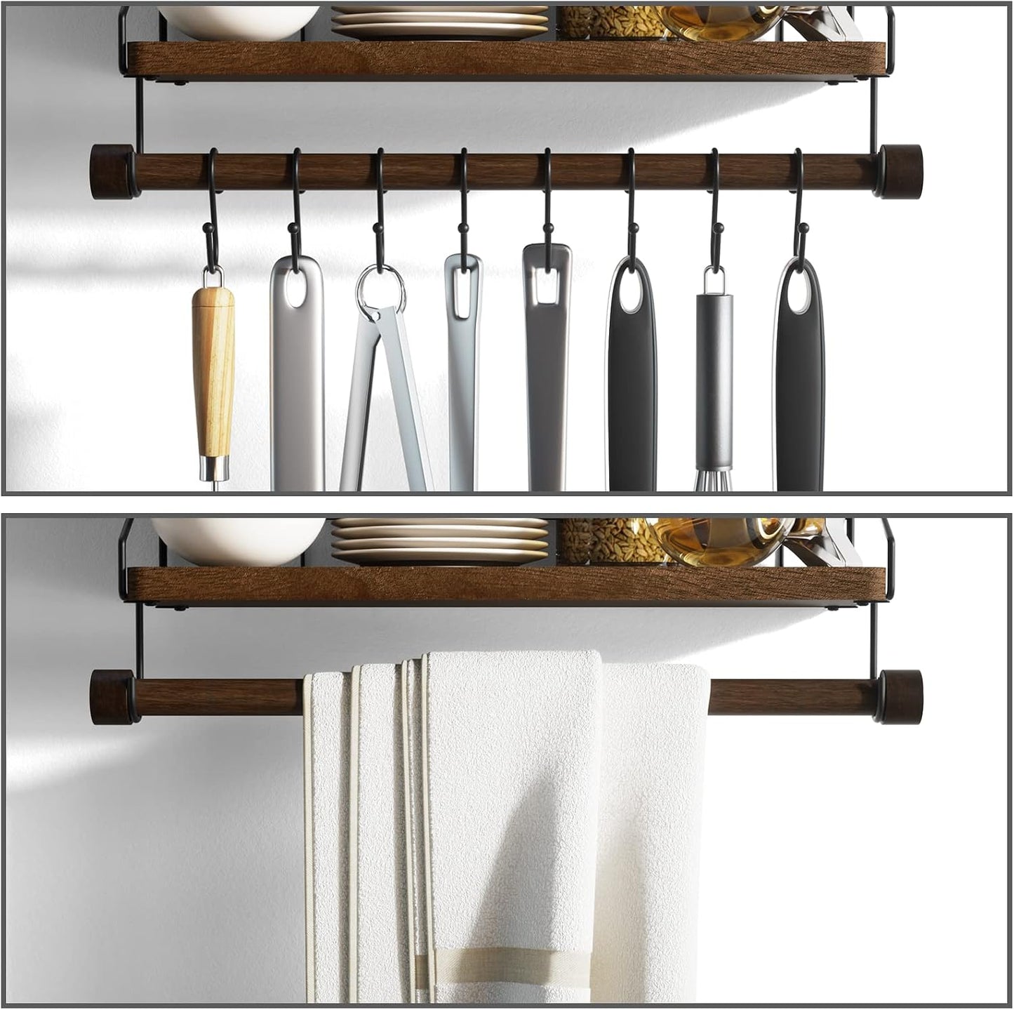Alsonerbay Floating Shelf Coffee Bar Shelf with Towel Bar, Dark Brown | 8 removable hooks, solid wood, space-saving