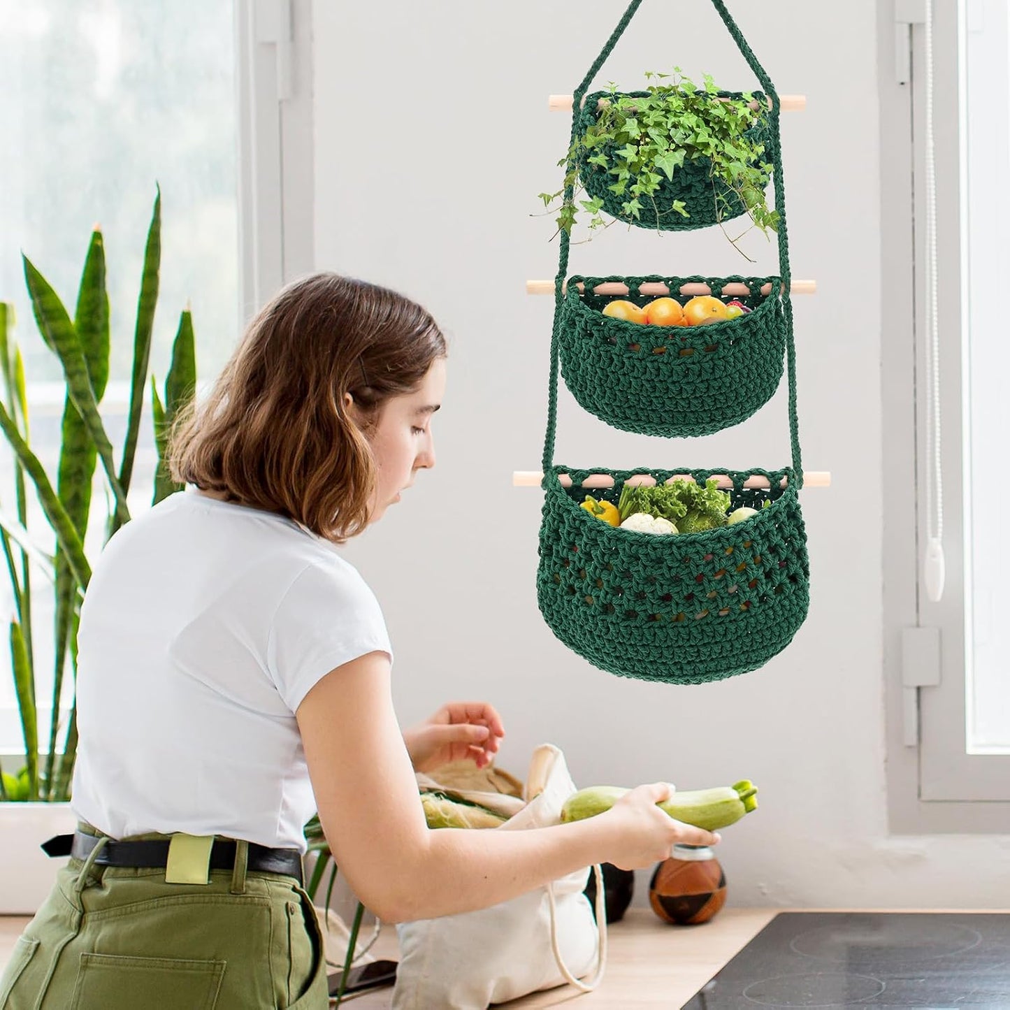 Boho Wall Baskets / Green-cotton