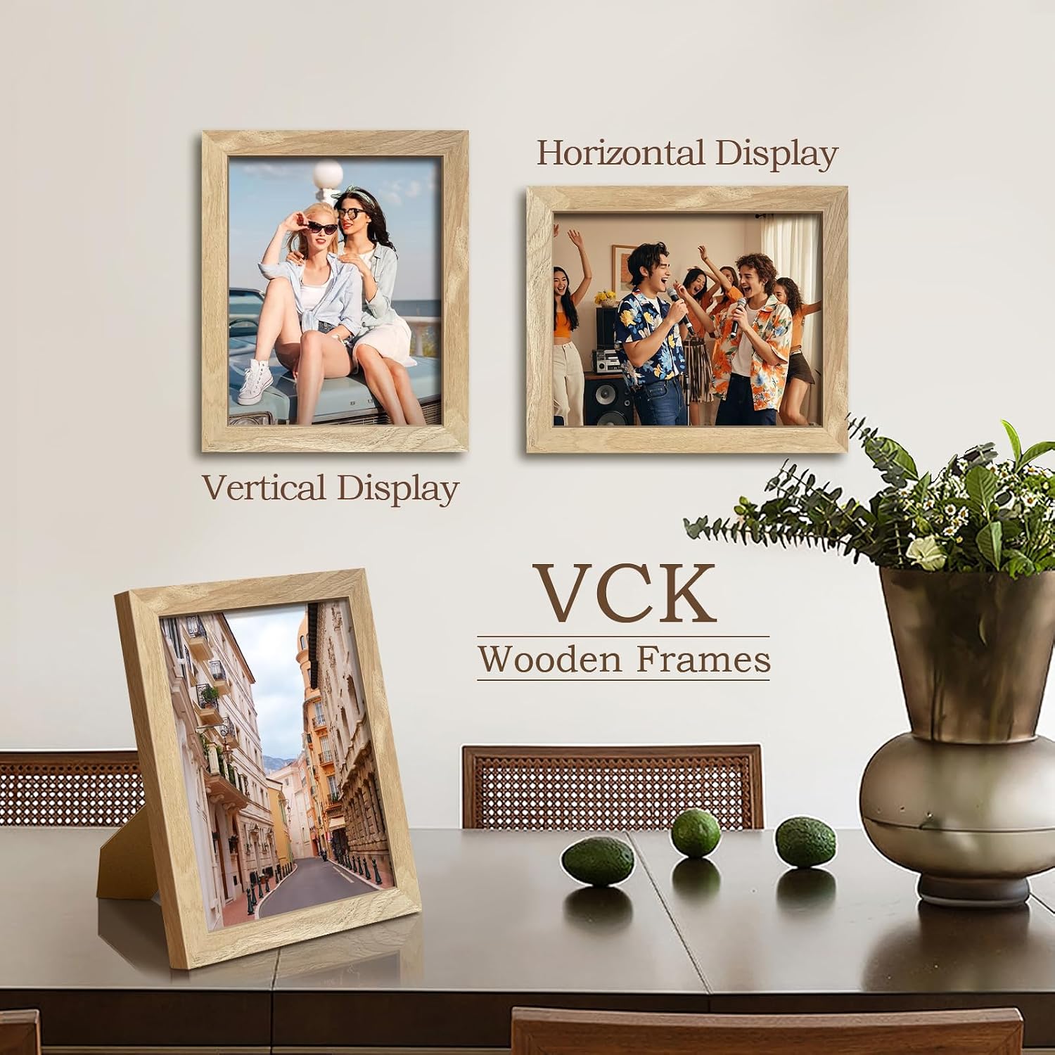 VCK 8.5x11 Picture Frame 3 Pack, Natural Solid Wood, Wall/Tabletop Display | Wide Border, Light Woodgrain, Shatterproof