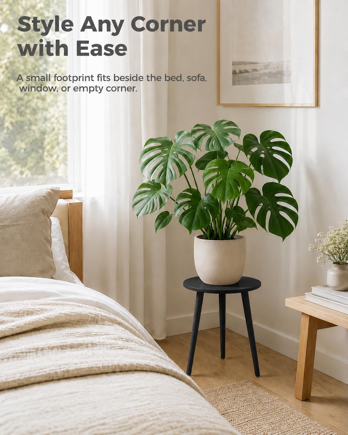 Bamworld Tall Plant Stand Indoor Wood Plant Table for Large Plant | Black Flower Stand Modern Plant Stool for Bedroom