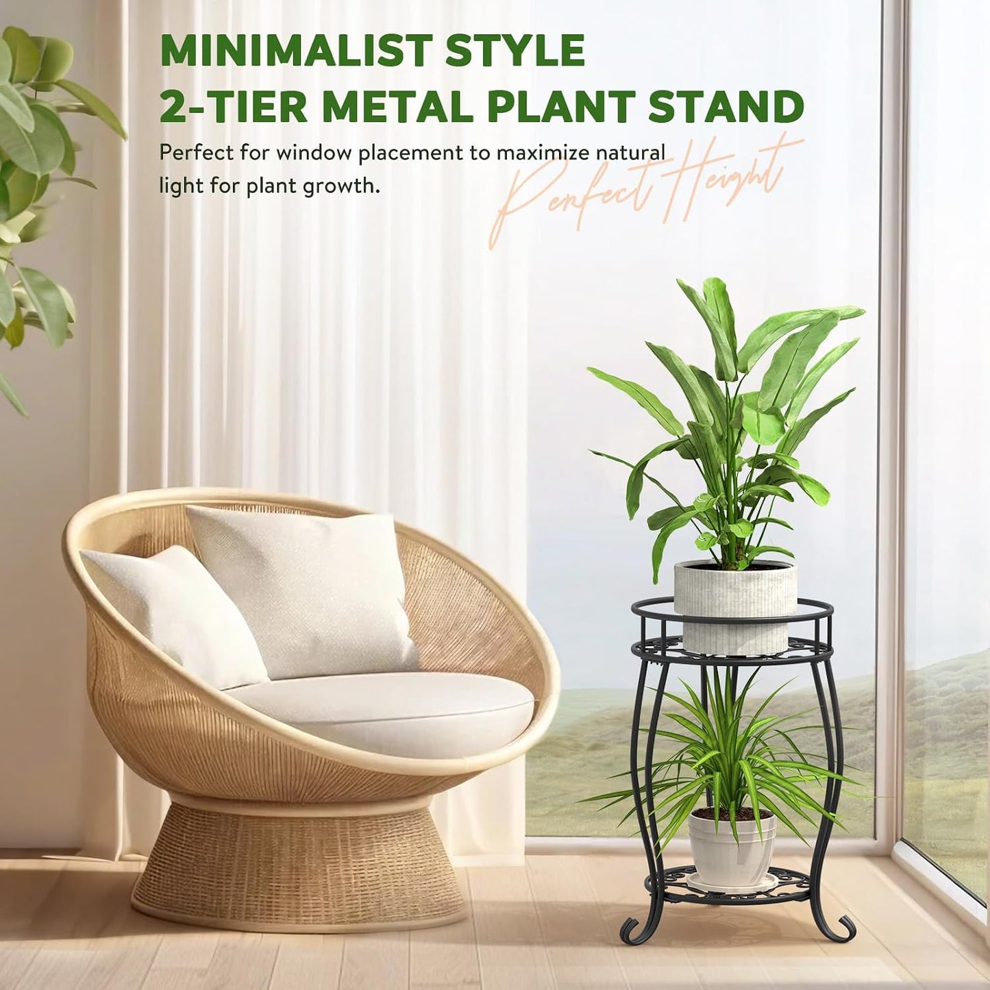 TOSKING 2-Tier & 9.1'' Single Metal Plant Stand Set,Indoor/Outdoor,Black | Single Stand with Adjustable Leveling Feet