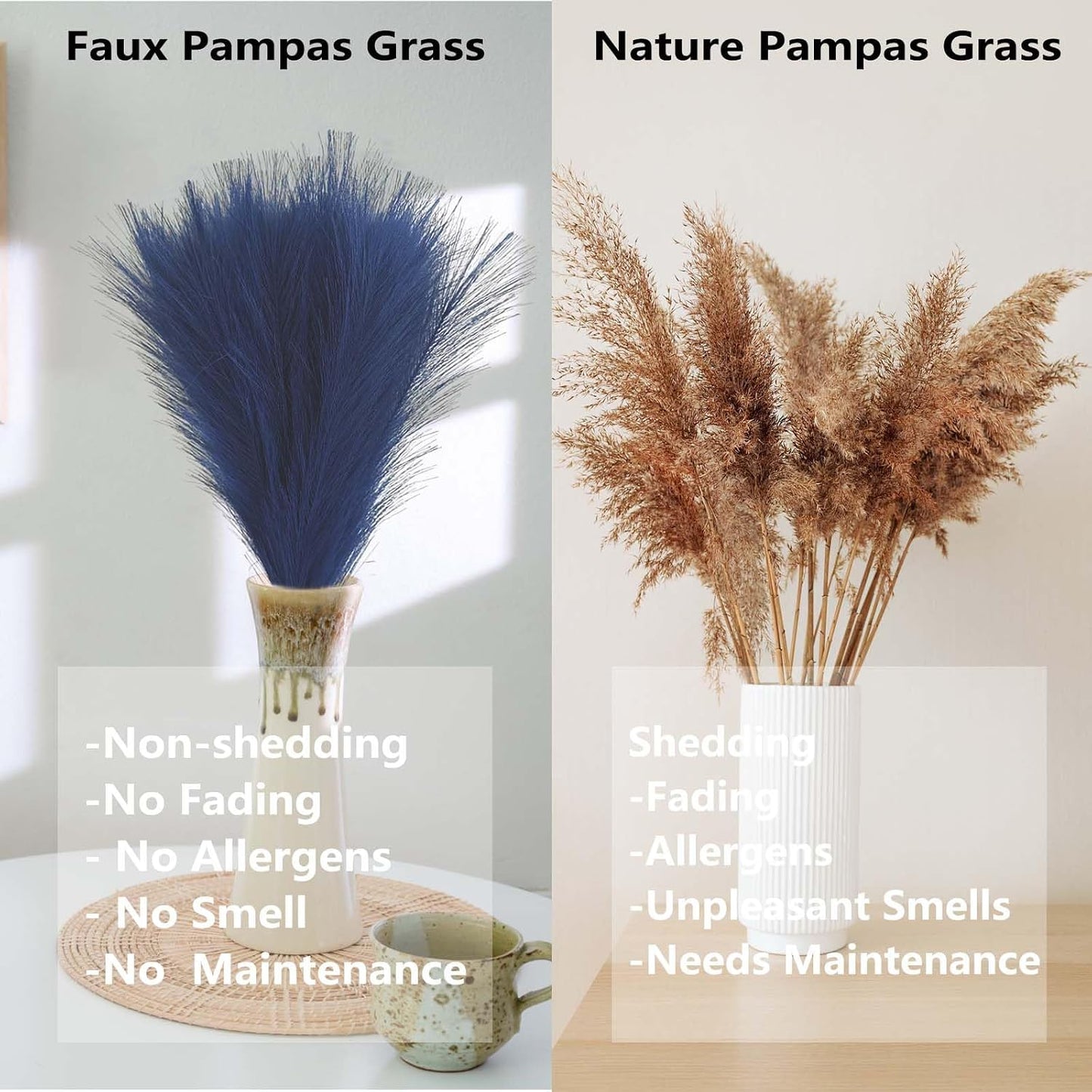 17" Navy Flowers Short Fluffy Artificial Faux Pampas Grass Stems / Blue / Set of 30