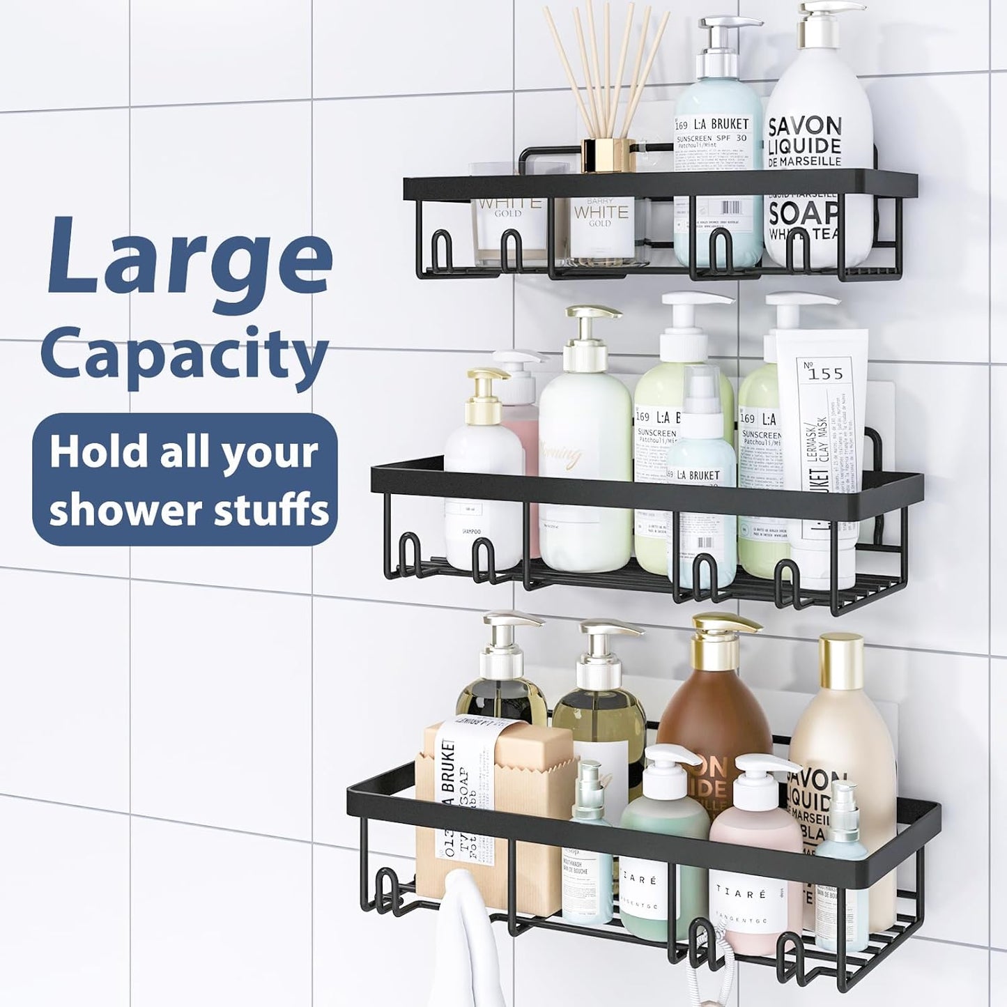 Adhesive Bathroom Wall Storage Basket Rustproof / Black / Set of 5